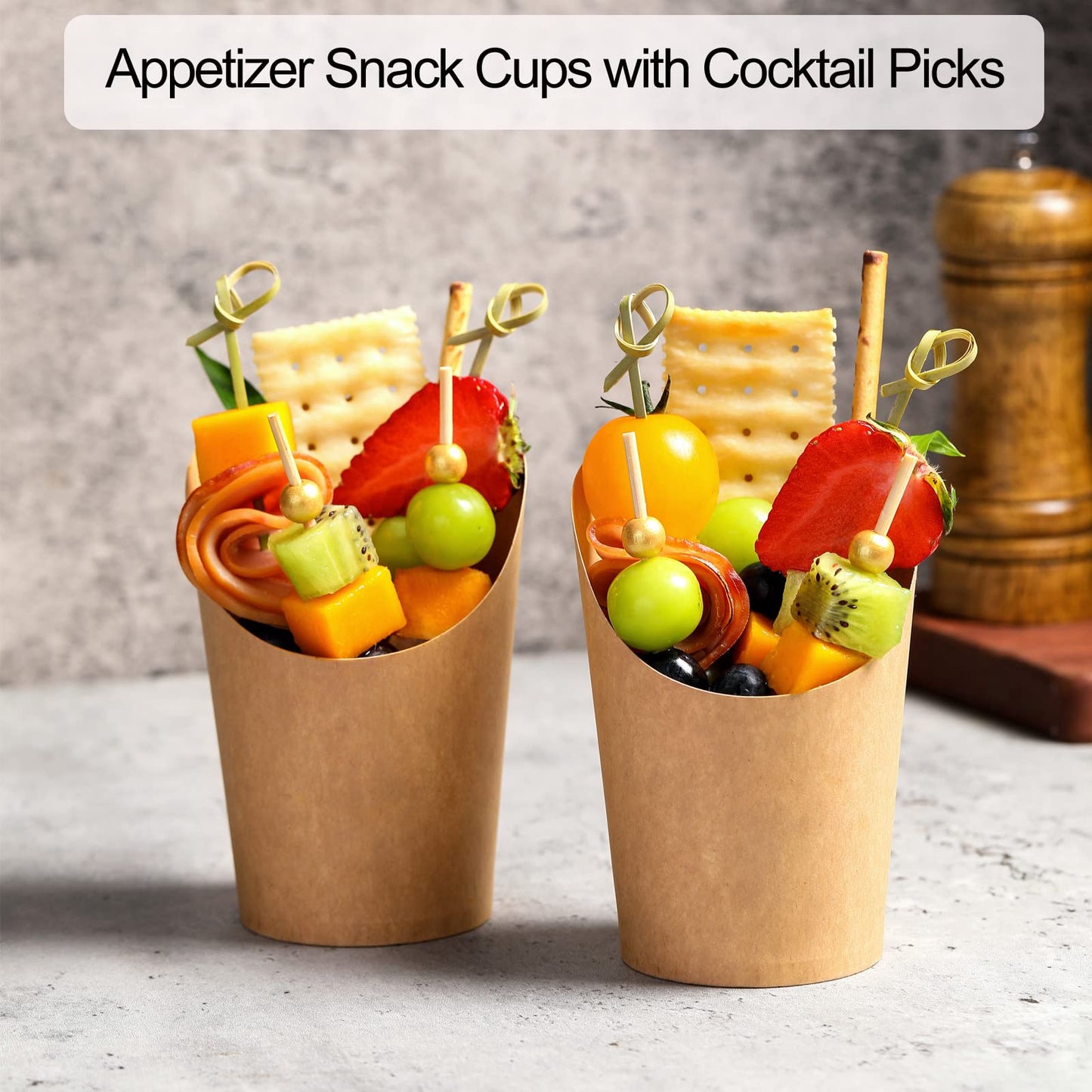 Disposable Charcuterie Cups 120 PCS with 200PCS Sticks and 120PCS Bags, 14 oz Kraft Paper Snack Boxes Appetizers Cup French Fry Holder with Cocktail Skewers Toothpicks Tooth Picks, Brown