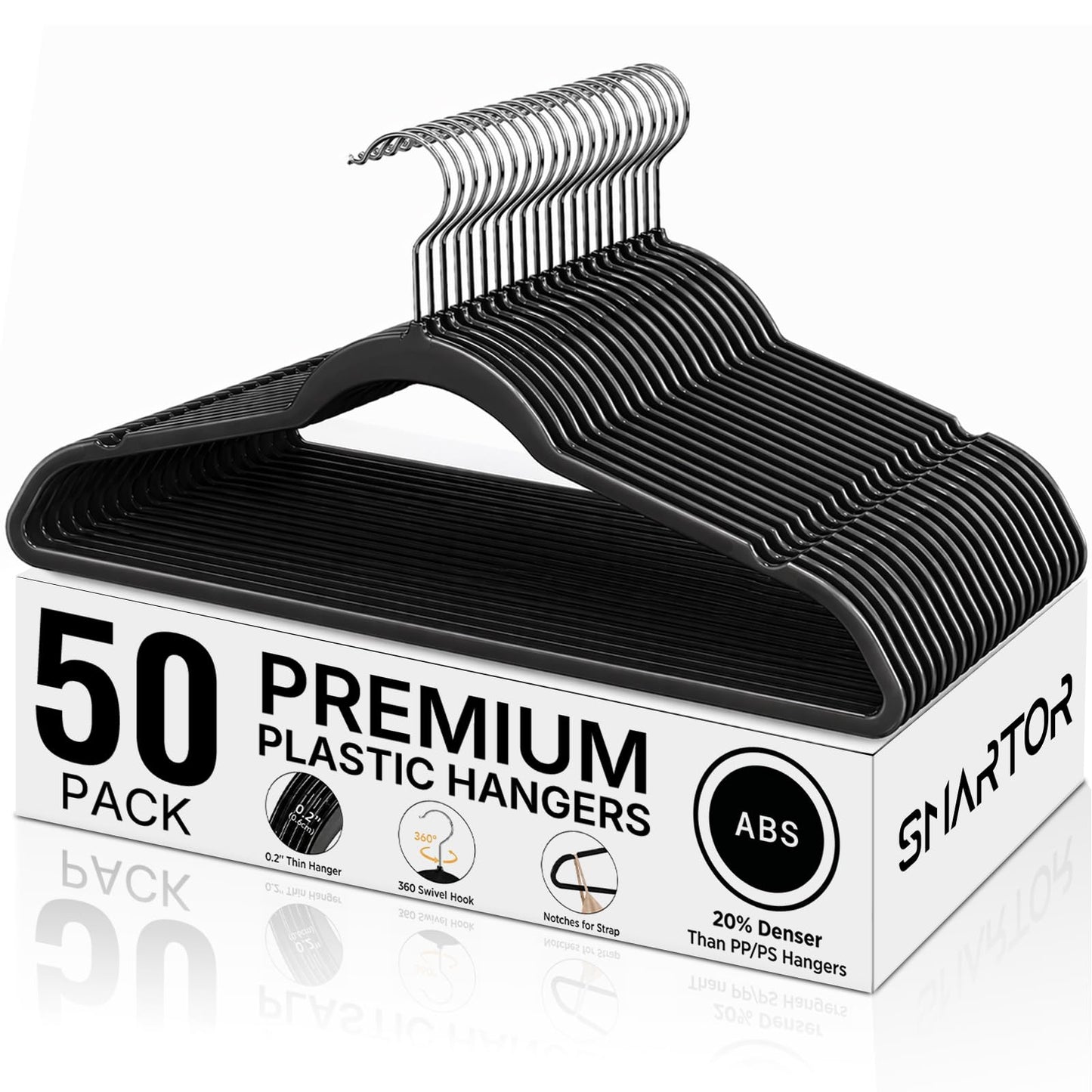 SMARTOR Plastic Hangers 50 Pack, Heavy Duty Plastic Hangers for Clothes - Non-Velvet Slim Hangers with 360° Swivel Hook & Clothes Thin Hanger - Durable Coat Hangars, Space Saving Hanger - Black