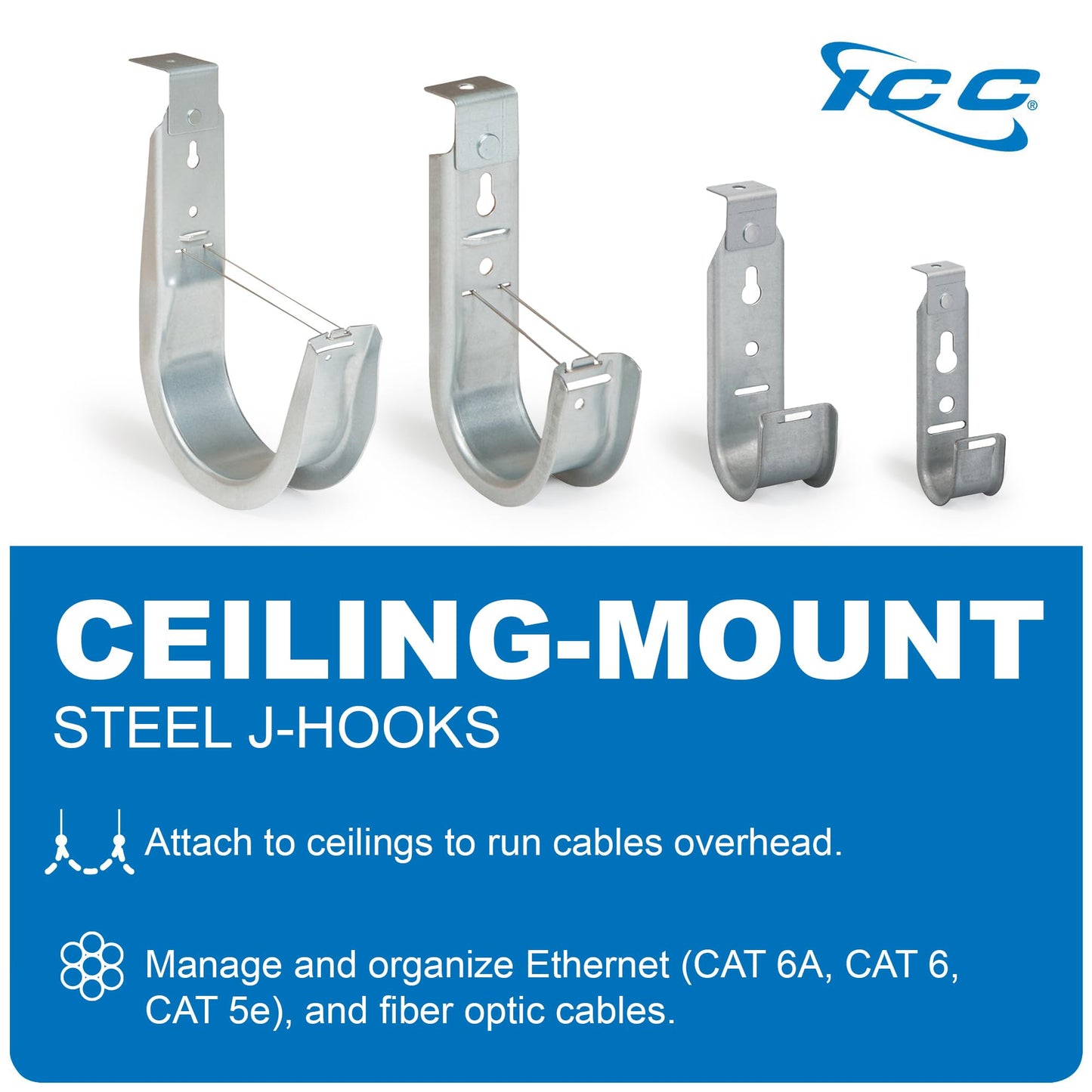 ICC Ceiling Mount J Hook 2” with Retainer Clip - Galvanized Steel Cable Management Hooks for Hanging Cable - Rust-Resistant, EIA and TIA Compliant - 2 Inch 25-Pack