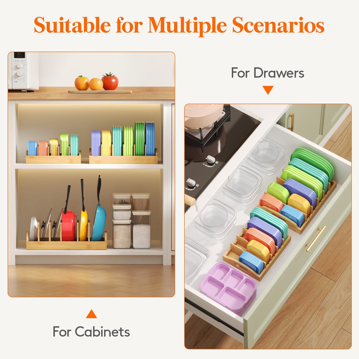 Lifewit Bamboo Lid Organizers for Inside Cabinet, Food Storage Container Lid Holder with 5 adjustable Inserts & 6 Sections, Kitchen Pantry organizer and storage, Large, 13.2" x 10"/34 x 25cm