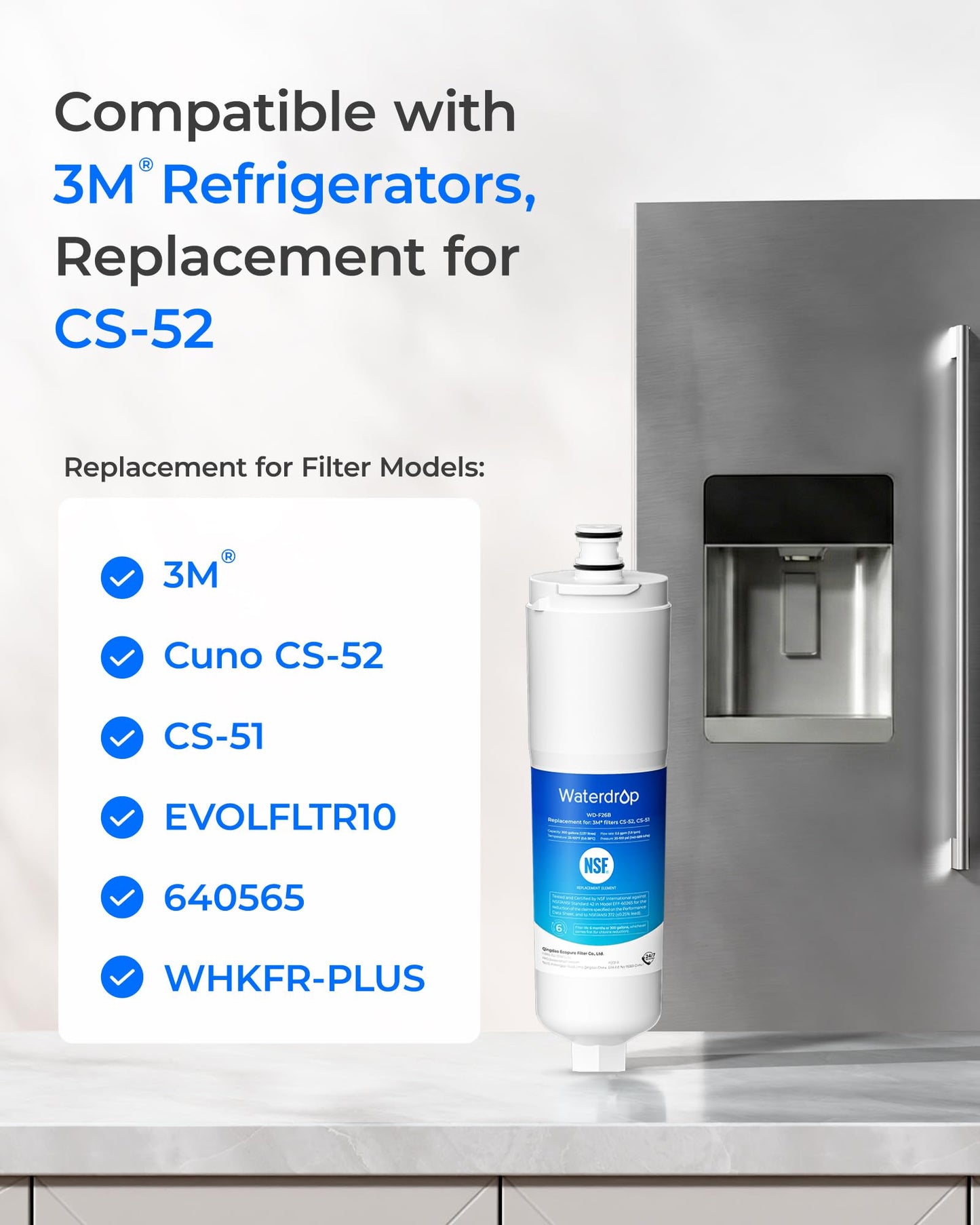 Waterdrop CS-52 Refrigerator Water Filter, Replacement for Bosch® 640565, Whirlpool® WHKF-R-PLUS, EVOLFLTR10, 3M® Cuno CS-52, CS-51, W1085590, 51000, WD-F26B, 3 Filters