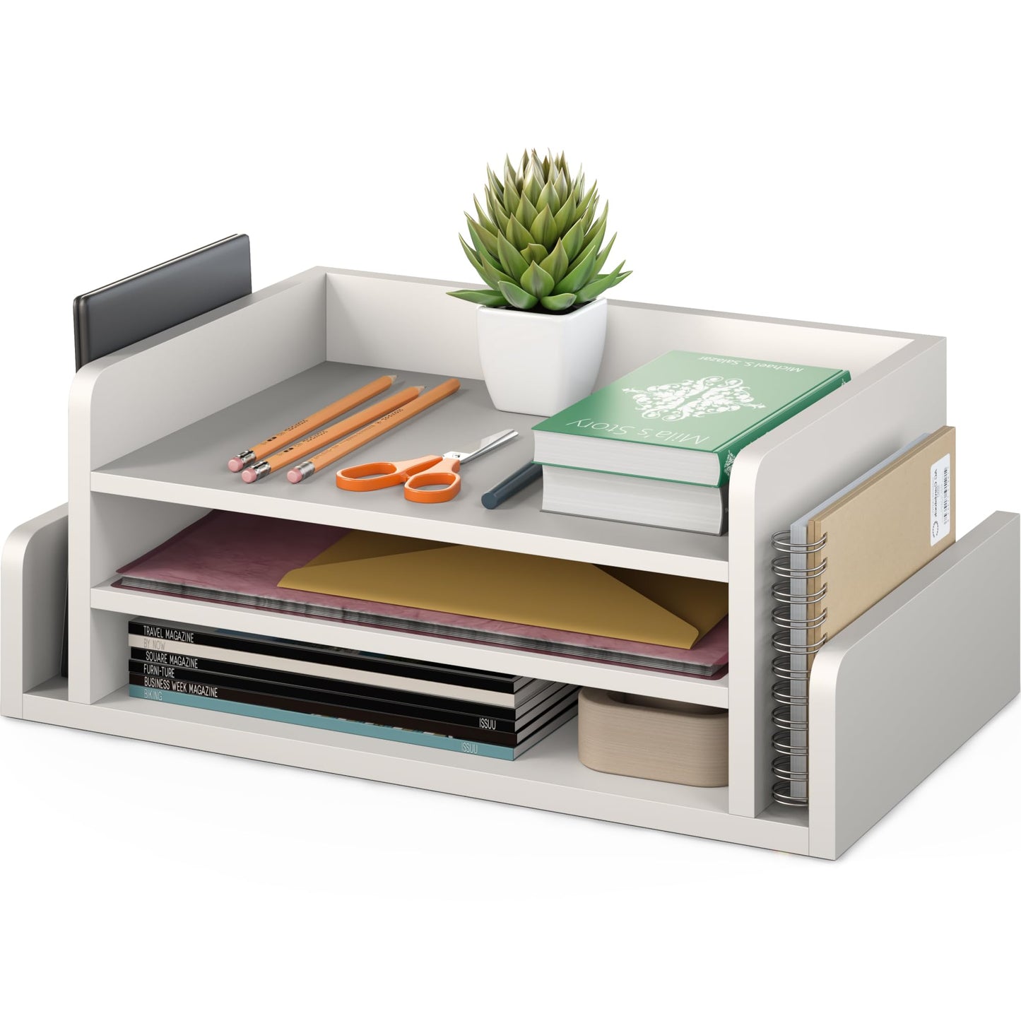 Ballucci 3-Tier Desk Organizer with 2 Side Mail Sorter Slots, Wood Letter Tray, Open Top Paper Organizer, Desktop File Organizer, White