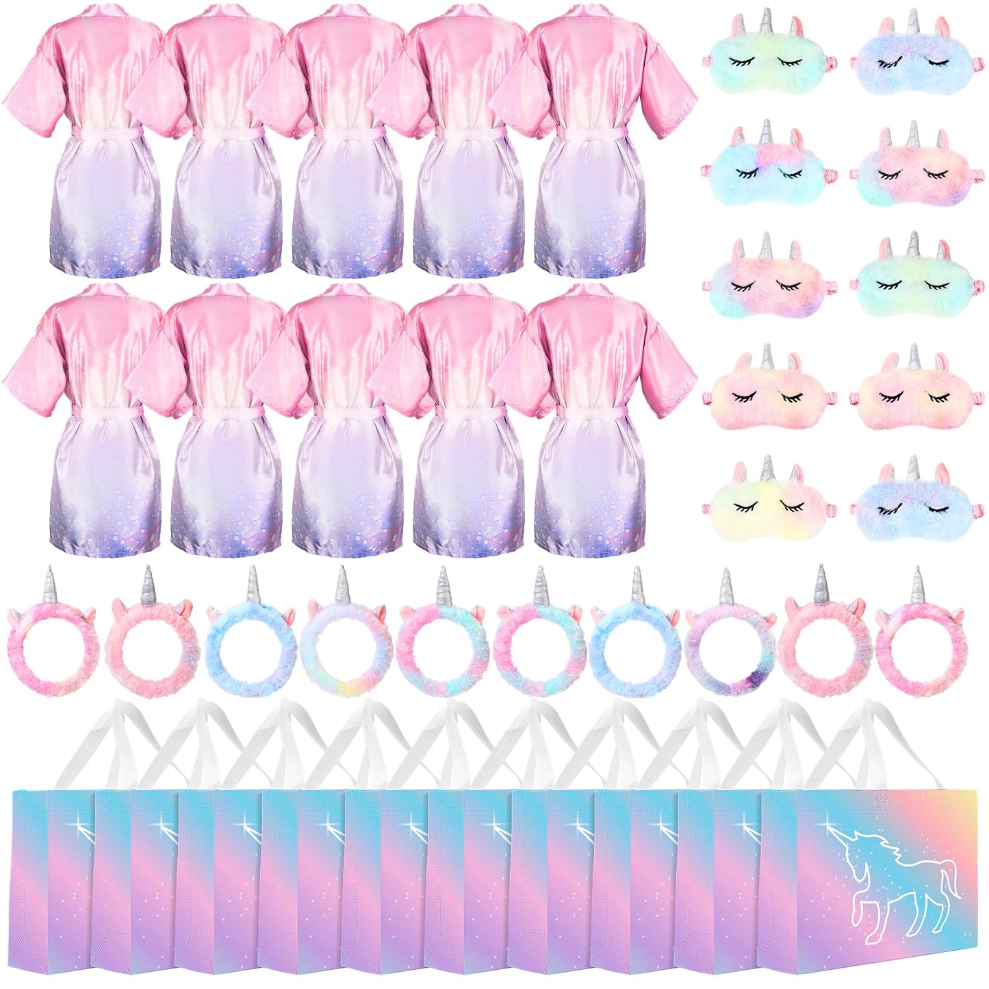 Maiteenly 10 Sets Unicorn Spa Party Supplies for Girls Include Spa Satin Robe Headband Eye Mask Handbag Spa Sleepover Party Favors