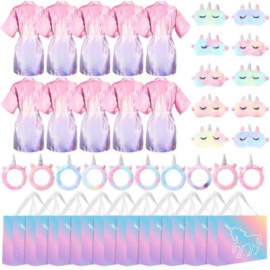 Maiteenly 10 Sets Unicorn Spa Party Supplies for Girls Include Spa Satin Robe Headband Eye Mask Handbag Spa Sleepover Party Favors