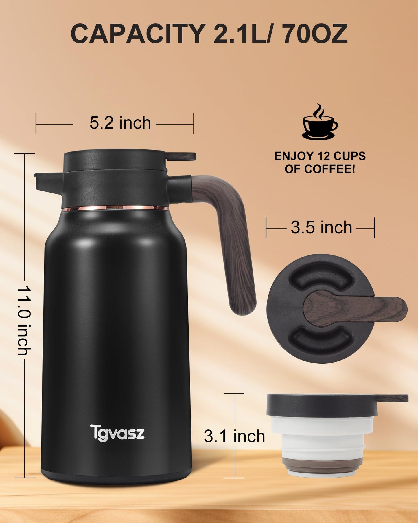 Thermal Coffee Carafe 70 oz - 12 Hour Hot Stainless Steel Thermal Carafes for Hot Liquids-Insulated Coffee Carafes For Keeping Hot/Cold Coffee, Tea, Water,Milk, Creamer Dispenser for Coffee Bar(Black)