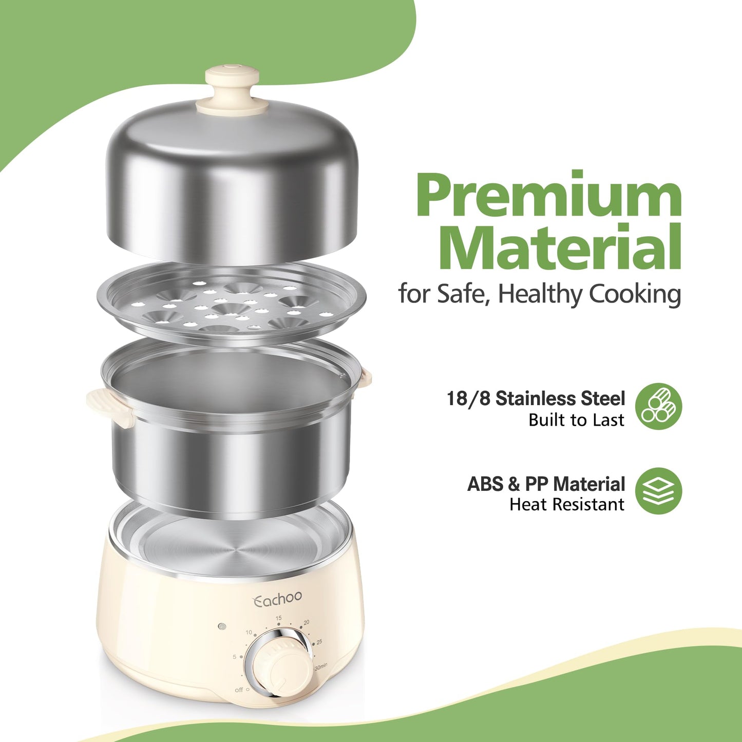 Hard Boiled Egg Cooker - CACHOO 14-Egg Rapid Stainless Steel Egg Boiler with 30-Min Timer & Auto Shut Off, Compact Electric Vegetable Steamer for Cooking, Dishwasher Safe, Beige