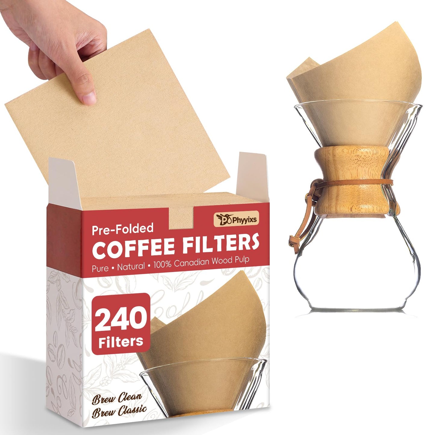 Phyyixs Pre-Folded Unbleached Cone Coffee Filters – Premium Thick Paper, Compatible with Pour-Over Coffee Makers (240 Filters)