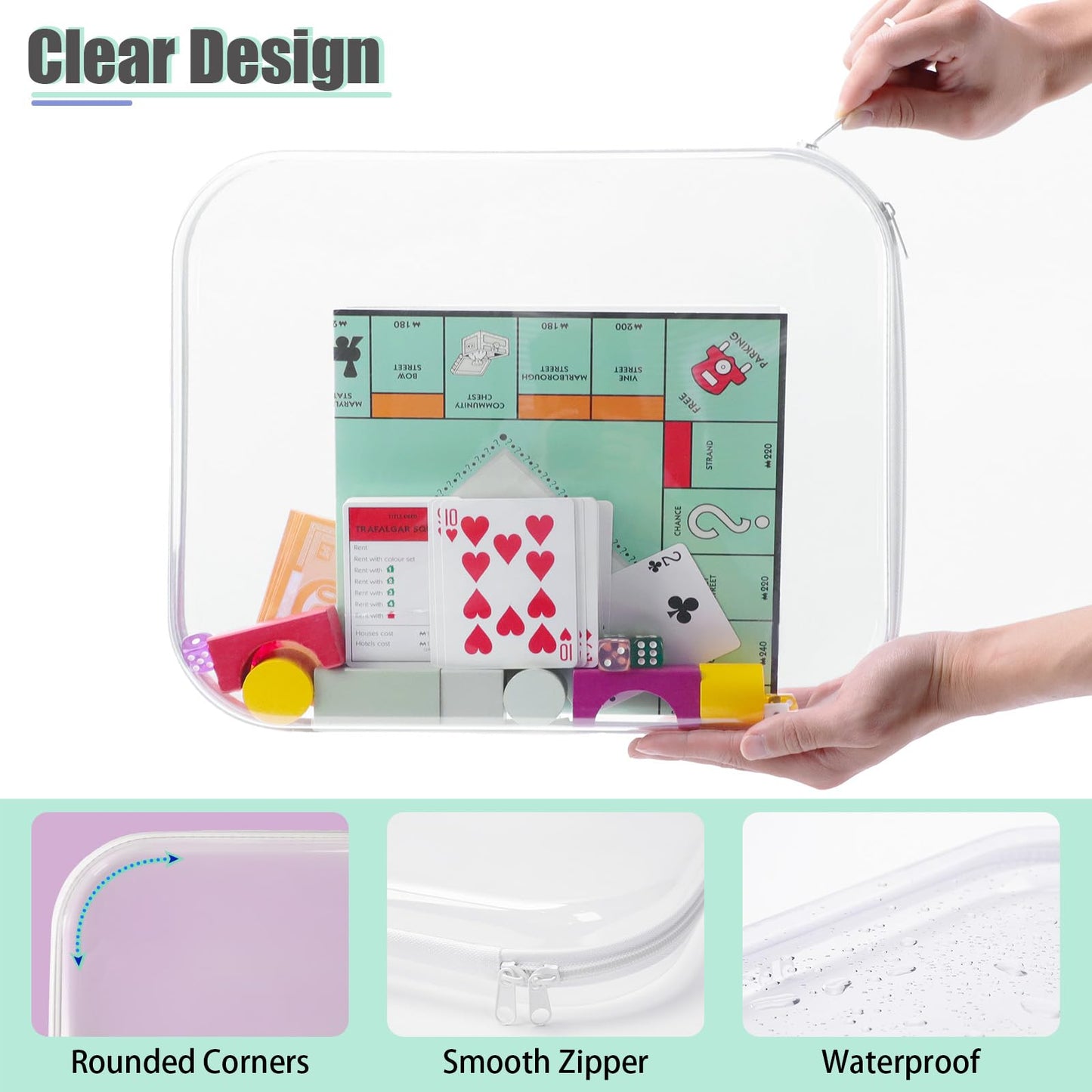 oswba 3 Pack Extra Large Clear Board Game Storage Hard Shell Case with Zipper, Organizer Set with Stickers for Card Decks Puzzle Magazine Comic Book Documents a4 Paper and Craft, 13.8 × 11.8 in