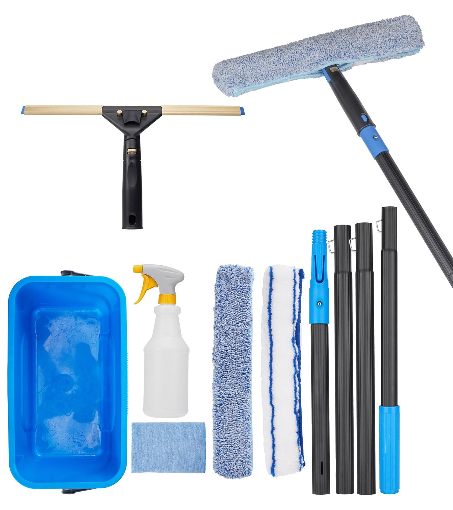 Professional Window Cleaning Kit with 50" Extension Pole, 8-in-1 Window Scrubber Squeegee Set, 14" Flexible Head, 3 Gallon Storage Bucket, Spray Bottle Microfiber Cloths for High Indoor/Outdoor Glass