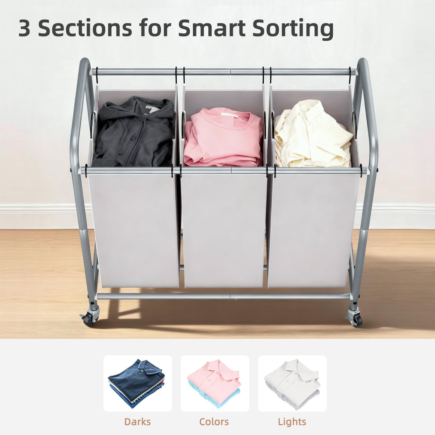 STORAGE MANIAC 3 Section Laundry Sorter, 35.6 Gal (135 L) Laundry Hamper Cart with Heavy Duty Rolling Lockable Wheels and Removable Bags, Clothes Organizer Basket Clothes Separator Hamper, Gray