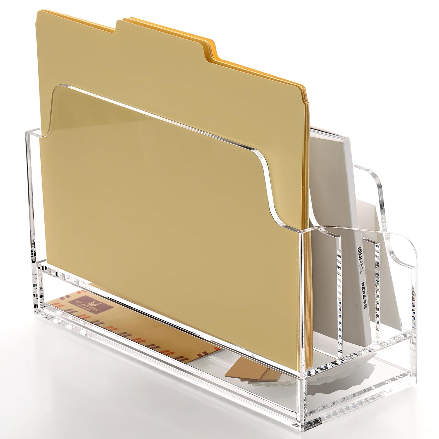 SANRUI Clear Desk Organizer Holder with Drawers, Acrylic Desktop Manila folders File Mail Sorter Box, Office Desk Accessories & Workspace Envelope Bill Letter Organization Racks, 3 Compartments