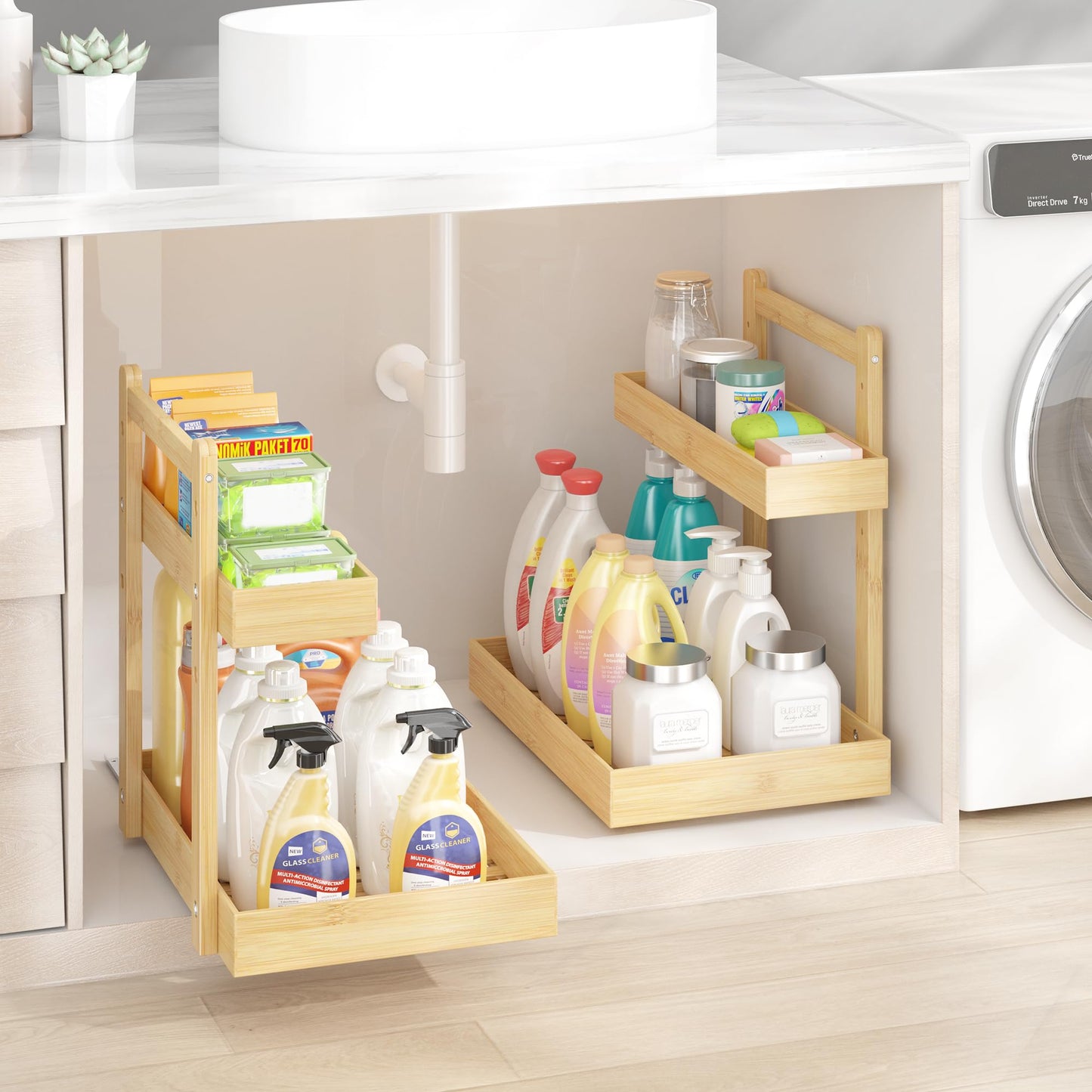Wisuce Home Under Sink Organizer - 2-Tier Pull Out Cabinet Organizer Vertical Slide Out Sink Shelf Storage Shelves for Multi-Purpose Bath Kitchen Bathroom Medicine (Nature, 2 Packs)