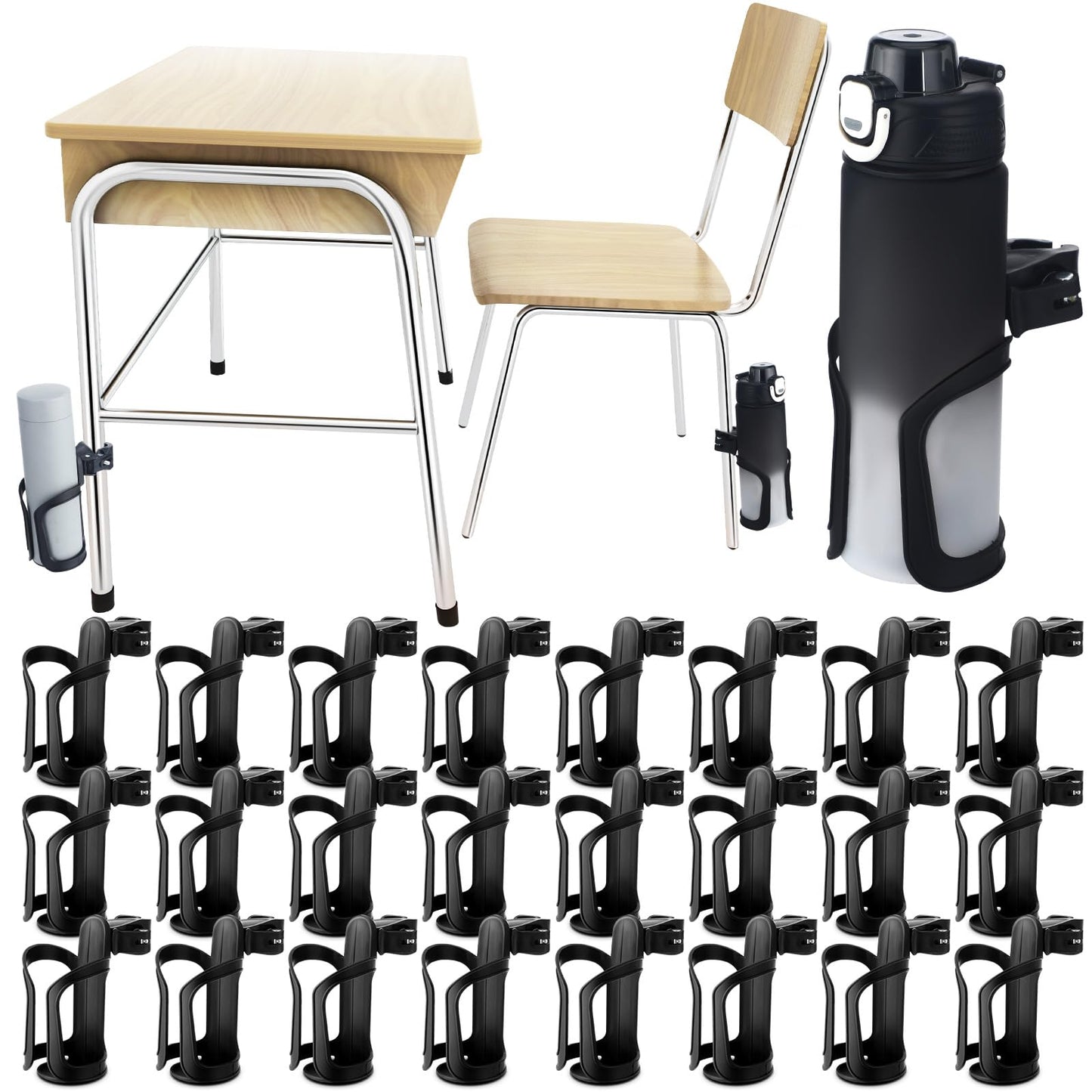 Reallnaive 24 Pcs Water Bottle Holder for Classroom Desk Cupholder Back to School Gift for Student Anti-Spill 360° Rotating Water Bottle Holder for Desk Chair to Hold Coffee Cup for Office Classroom