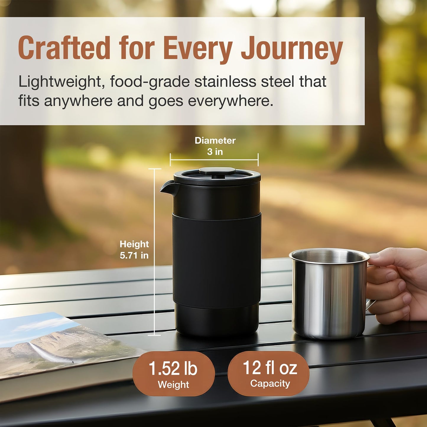 Travel French Press Coffee Maker Set - 12 oz | Portable Travel French Press Coffee Maker | Double Wall Insulated with Dual Stainless Filters & 2 Steel Canisters for Grounds, Tea, Creamer & Sugar