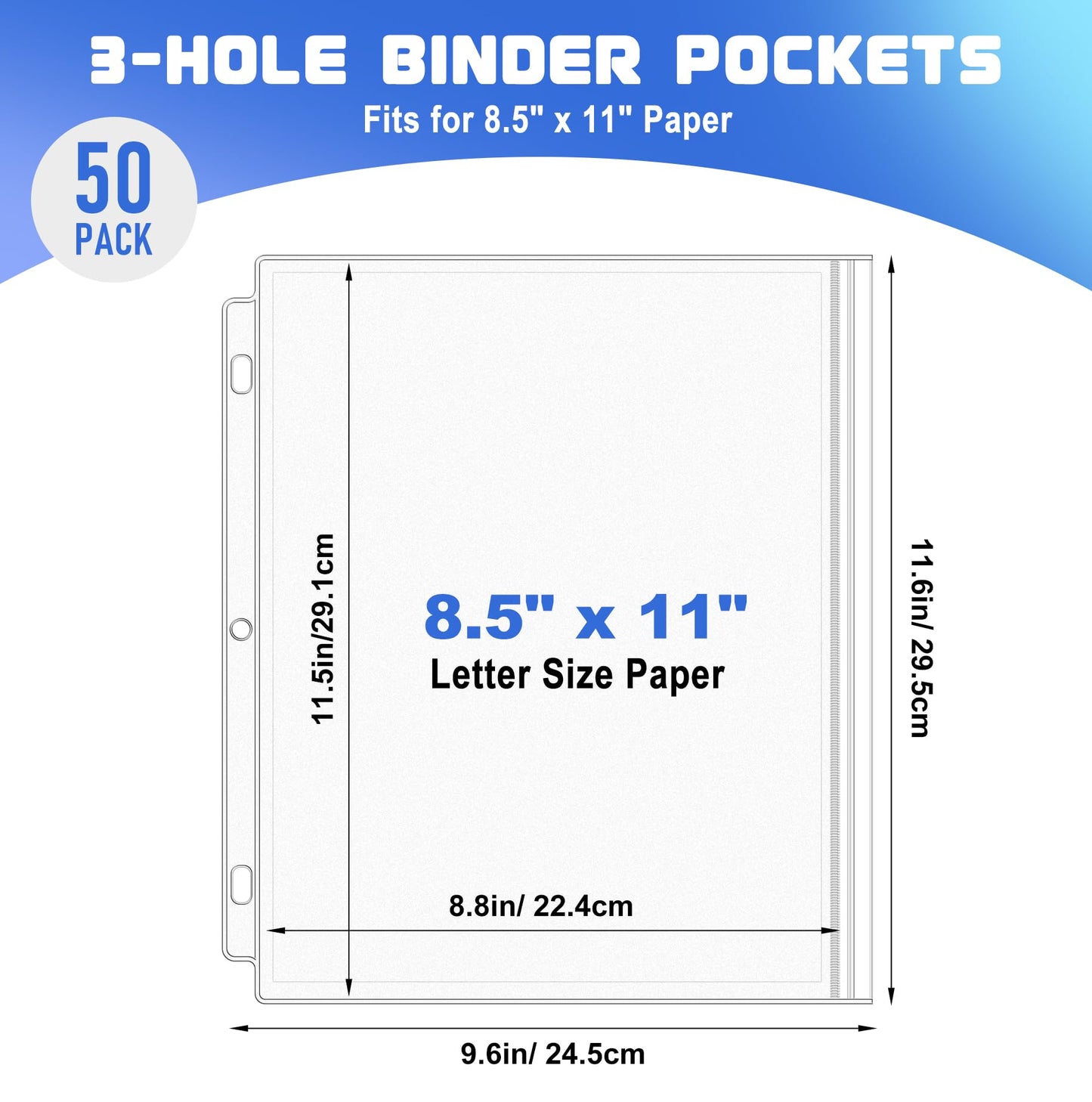 Antner 50 Pack Letter Size Binder Pockets for 3 Ring Binder, Waterproof Resealable Zip Loose Leaf File Bags Document Organizer Folders Insert Page Sleeves PVC 3-Hole Sheet Protectors for 8.5x11 Paper