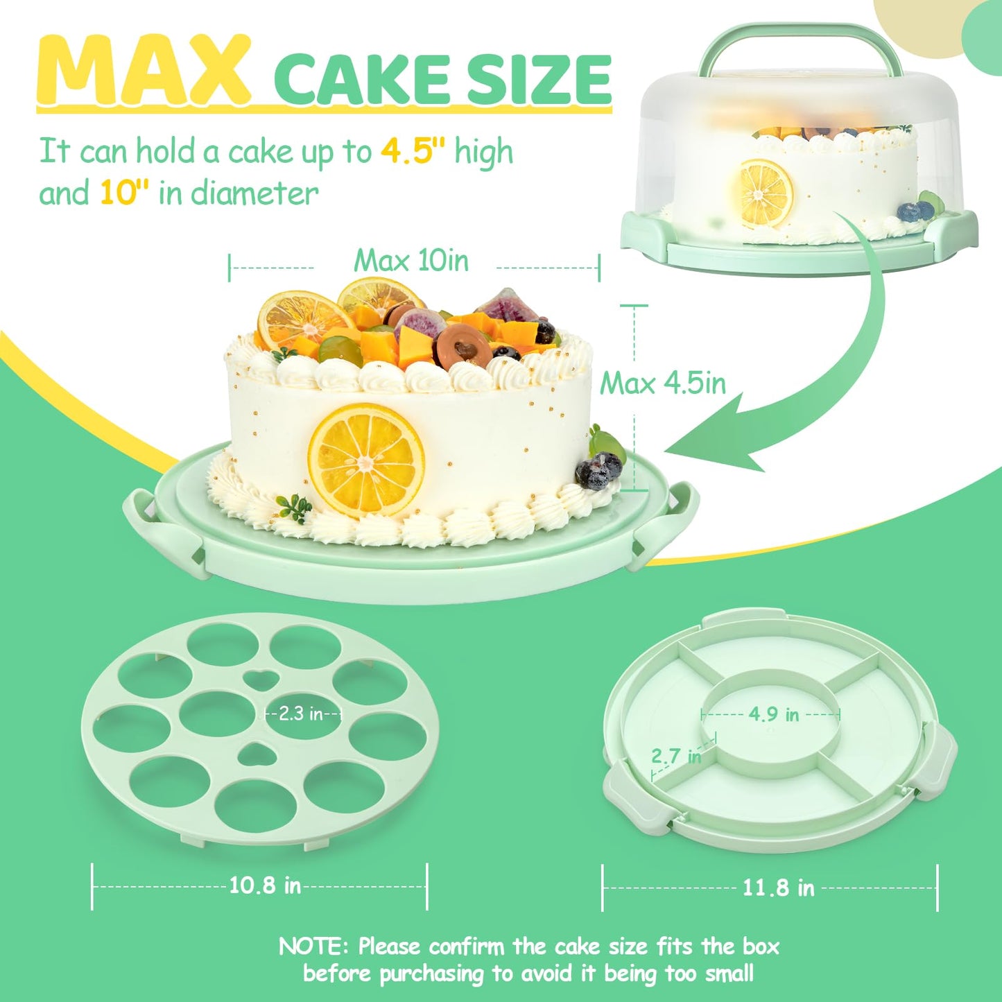 Cake Carrier with Lid and Handle, Ohuhu BPA-Free Cake Containers Cake Holder for 10 inch Cake with 2 Handle Cupcake Carrier - Plastic Cover Two Sided Base for Transport Pie Nut Fruit Mothers Day Gifts