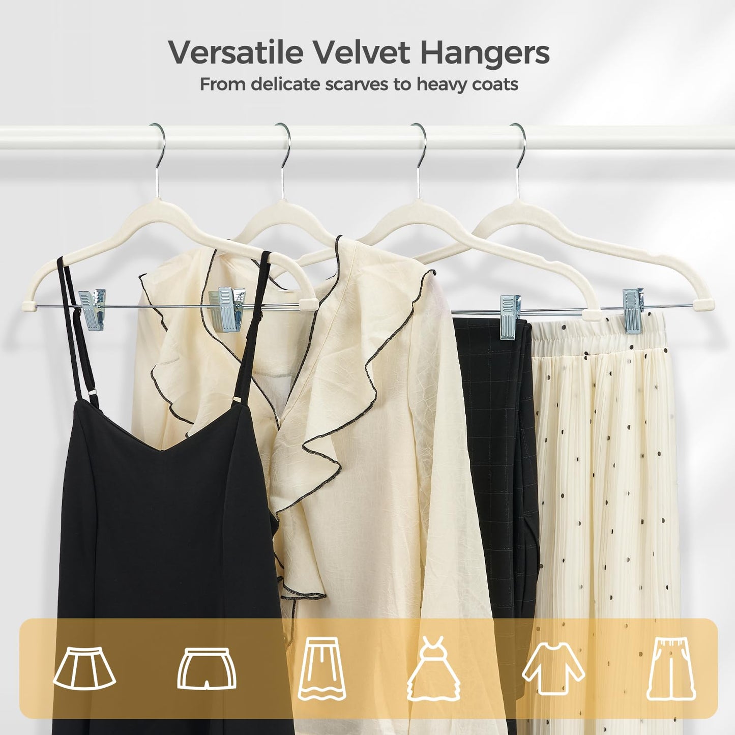 HOUSE DAY Velvet Hangers with Adjustable Clips 20 Pack, Non-Slip Suit Organizer with 360° Hook - Heavy Duty Hanger for Pants, Skirts, Blouses, Dresses - Outfit Hangers All-Season Space Saver (Ivory)