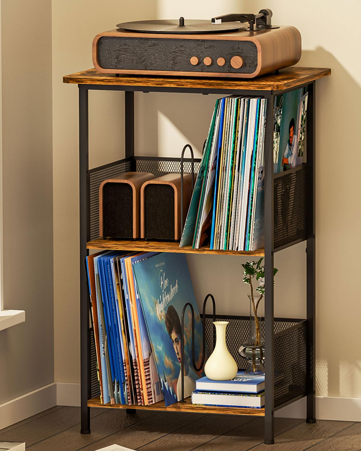 Honkazita Record Player Stand 3-Tier, Vinyl Record Storage up to 200 Albums, Record Player Table with Smooth Wood Top, Fits Most Phonographs, Turntable Stand & Bedside Nightstand, Space-Saving