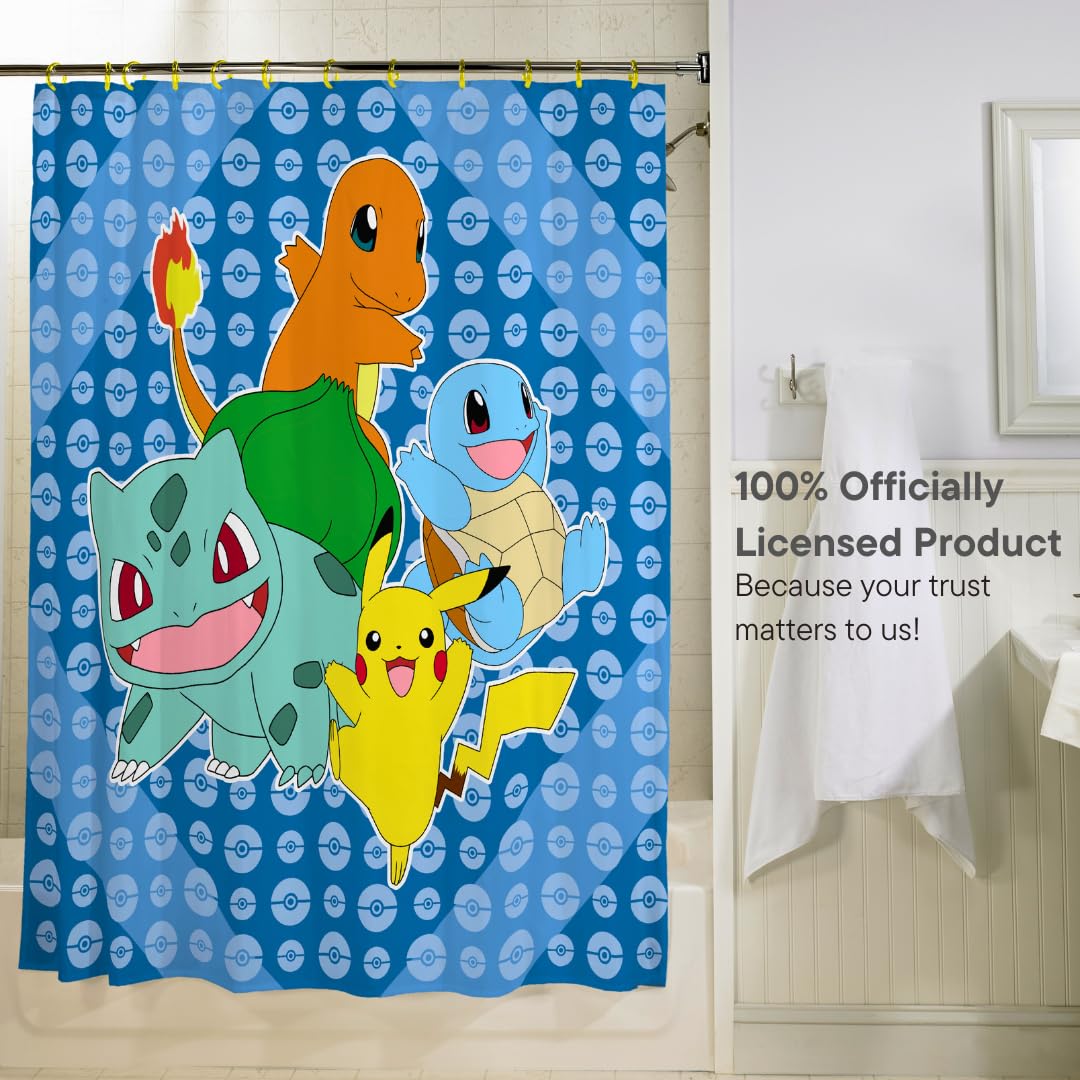 Pokemon Anime 13-Piece Shower Curtain Set, 72 x 72 Inch Fabric Curtain with Hooks, Bathroom Decor, Machine Washable, (100% Officially Licensed Product) by Franco Collectibles