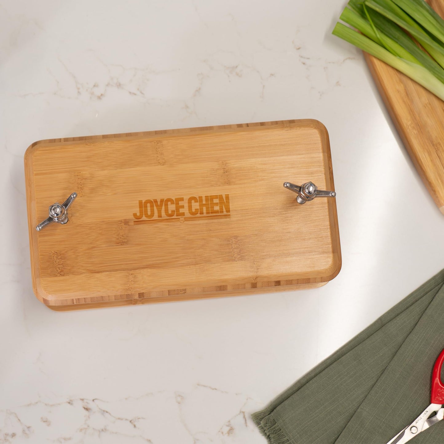Joyce Chen Bamboo Tofu Press, Built-In Drainage Grate & Removable Drip Tray, Adjustable Dual Tension Screws, Easily Remove Water from Tofu, Mess-Free Tofu Drainer