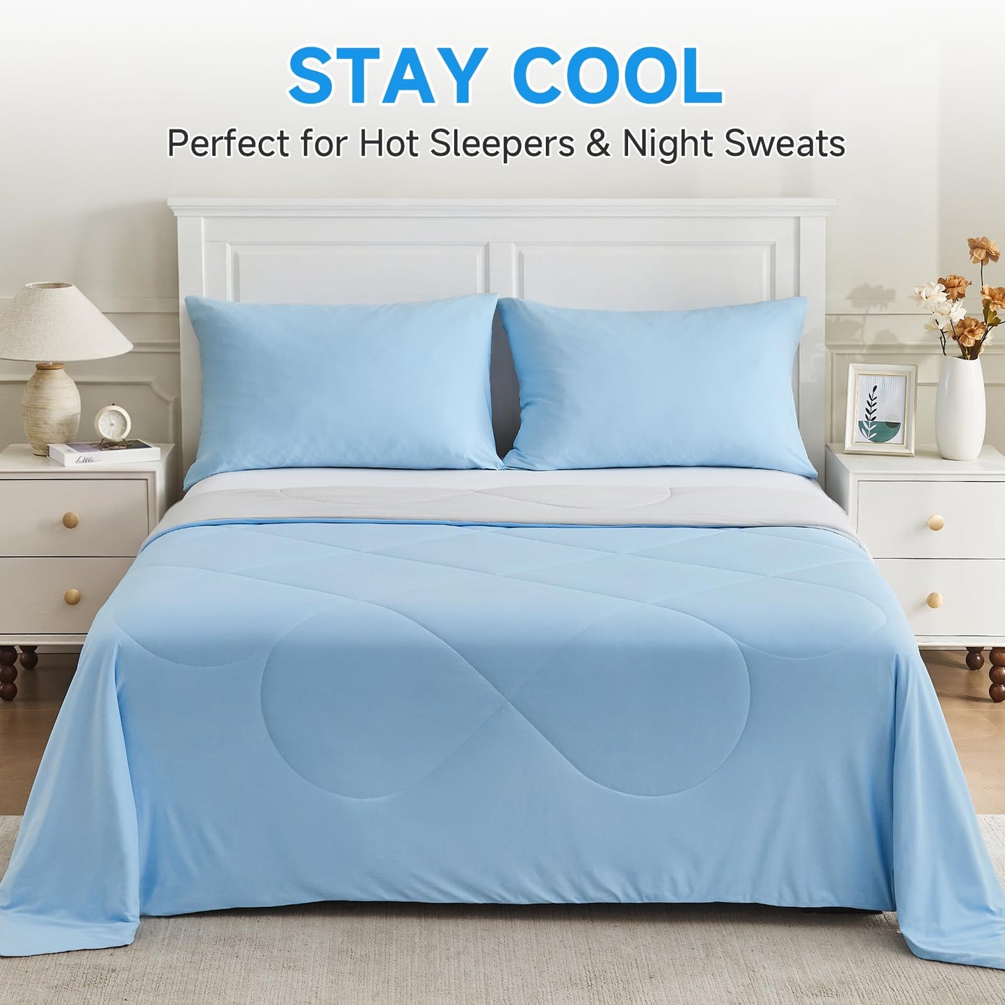HOMFINE Cooling Comforter Japanese Double-Sided Cold Tech Fabric Cooling Blanket for Night Sweats Hot Sleepers, Q-Max 0.45 Soft Breathable Silky Smooth Lightweight, Blue Summer Comforter Queen