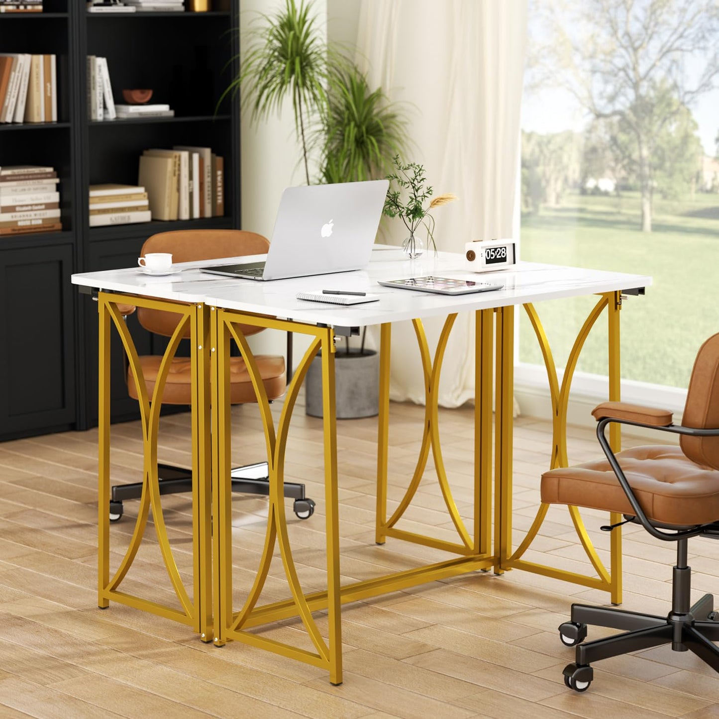 coeztt Folding Desk, 31.5" Small Desk for Bedroom, Space Saving Foldable Computer Desk for Home Office, Easy Assembly, White and Gold