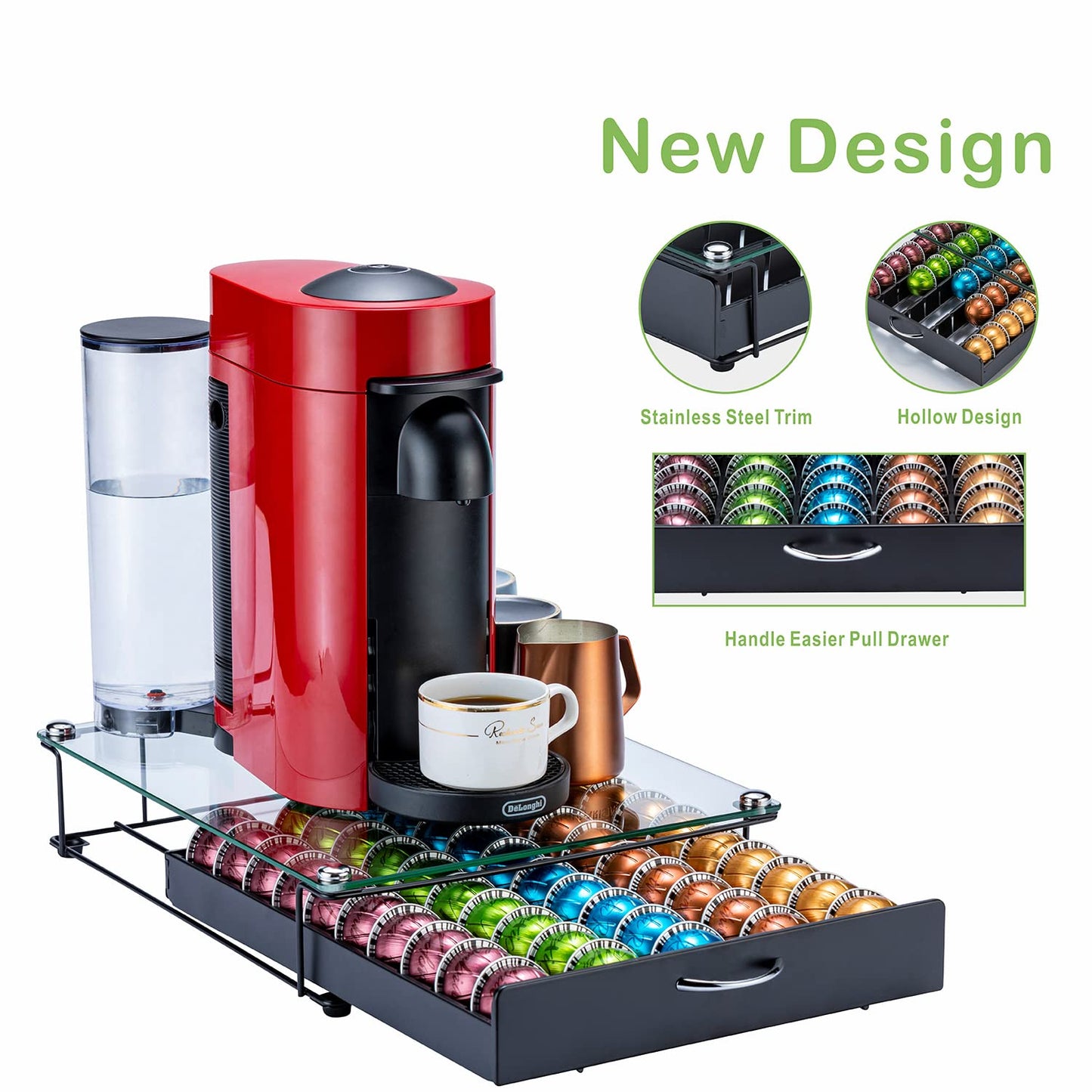 FlagShip for Vertuo Pod Holder Coffee Pod Organizer for Nespresso Pod Storage Glass Top(50 Pods Capacity)