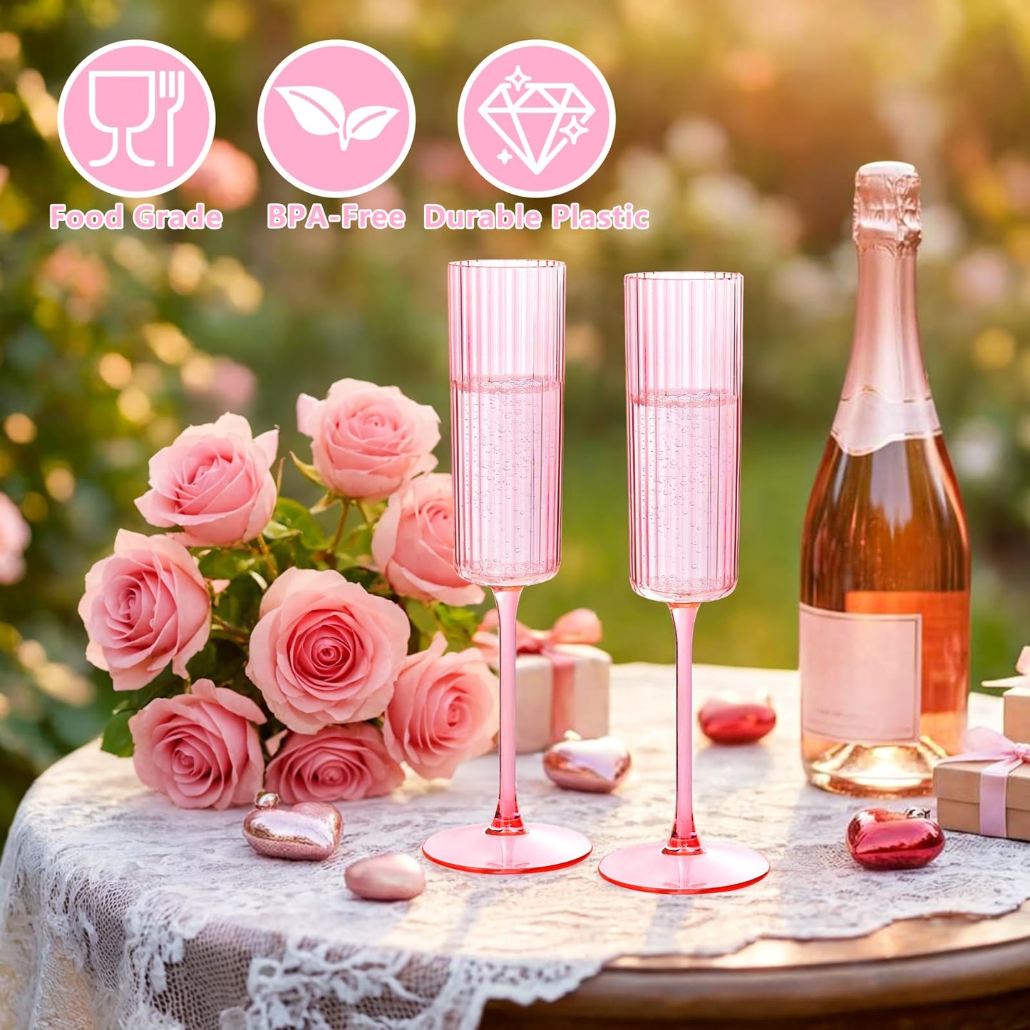 Joyido 36 Pack Pink Plastic Champagne Flutes - 6oz Ribbed Disposable Champagne Glasses - Clear Pink Vintage Mimosa Glasses with Long Stem Elegant & Lightweight for Wedding Party