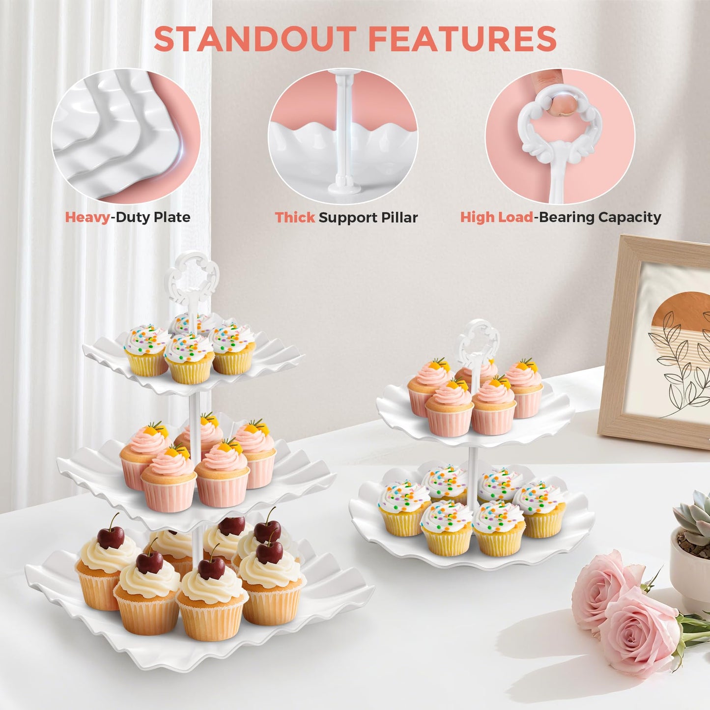 12Pcs Dessert Table Display Set, Cupcake Stand, 3-Tier Cup Cake Tower Stands & 2-Tiered Cake Holder, Treat Food Platters Serving Trays for Tea Party, Baby Shower, Bridal, Wedding, Birthday, Plastic