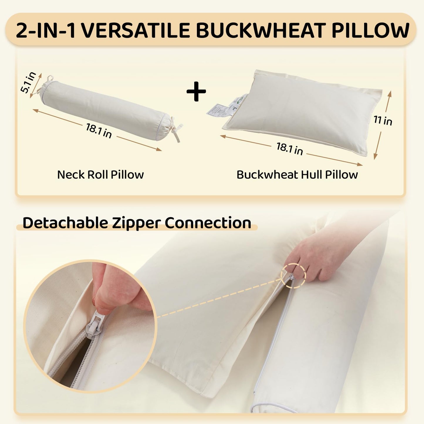 LOFE Buckwheat Pillow - 3 Point Support Buckwheat Hull Pillow for Less Pain, 2IN1 Tartary Buckwheat Neck Roll Pillow for Best Support, Adjustable Cervical Neck Pillow with Organic Cotton Pillowcase