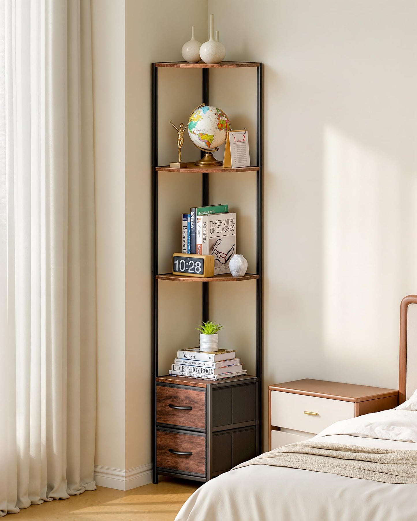 Housolution Corner Shelf Stand with Storage, 63.4'' Tall 6-Tier Corner Bookshelf Includes Fabric Drawers, Freestanding Corners Storage Shelf for Living Room Bedroom Kitchen Bathroom (Black + Brown)