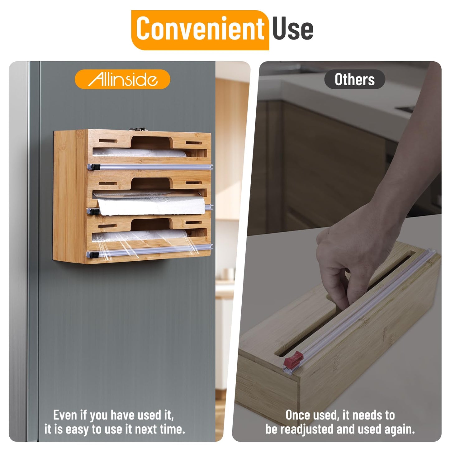 Allinside Magnetic Plastic Wrap Dispenser with Cutter, 3 in 1 Refrigerator Bamboo Wood Organizer for Tin Foil, Baking Paper, Wax Paper Holder Kitchen Storage Box Compatible with 12.9" Roll (3 Layer)