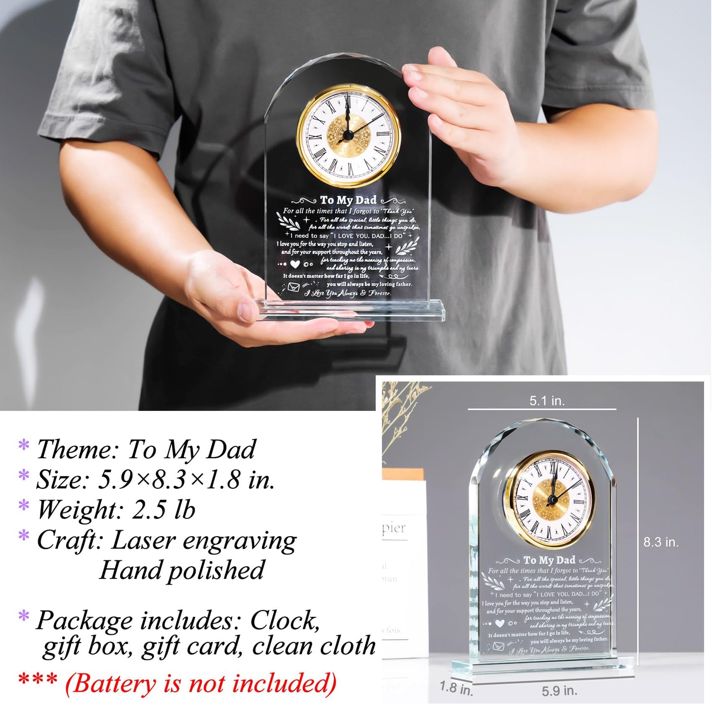 YWHL To My Dad Clock Gifts from Daughter Son, Laser Engraving Glass Clock Gift for Father‘s Day, Birthday Gifts for Dad Who Wants Nothing, Meaningful Keepsake Present for Father (Battery not Included)