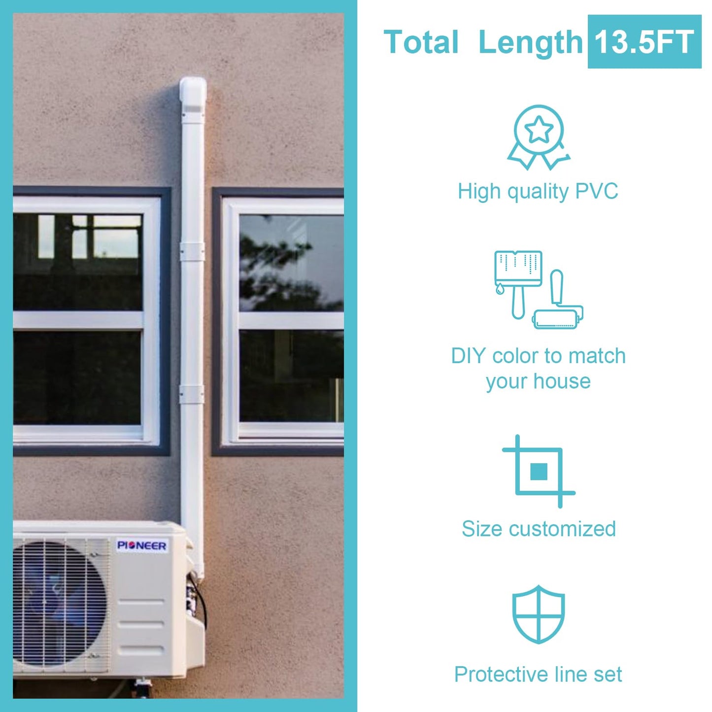 Mini Split Line Set Cover, 3” 13.5 Ft Decorative PVC Line Set Cover Kits for Ductless Mini Air Conditioners and Heat Pumps with Flexible Duct