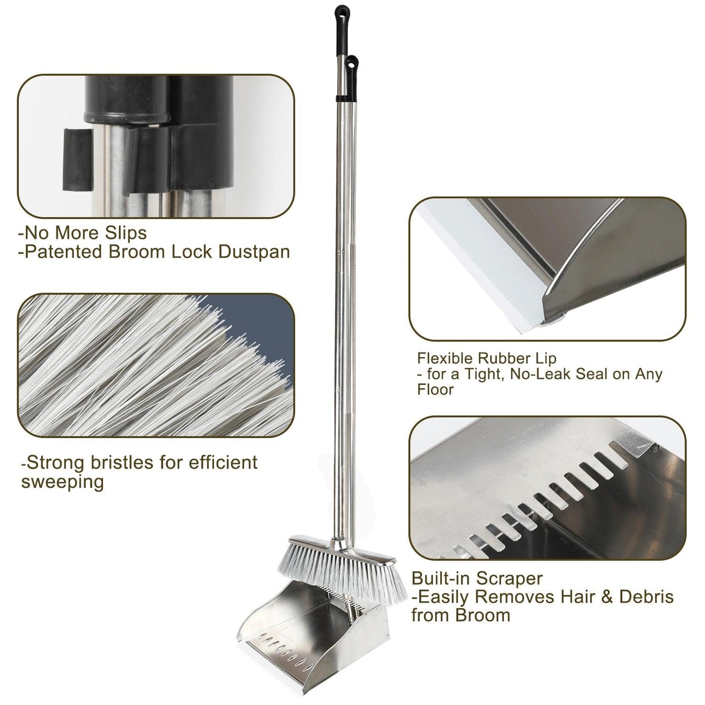 Metal Dustpan with Broom Set, Long Handle Stainless Steel Dustpan,Heavy Duty Standing Dust Pan with Teeth, Indoor Outdoor Up for Home Kitchen Lobby Room Office