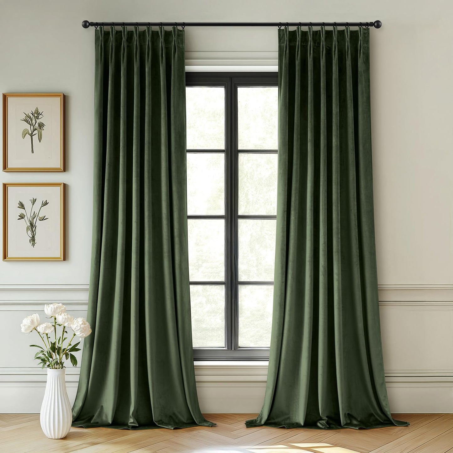 MIULEE Olive Green Velvet Curtains 96 inches Long, Pinch Pleated Blackout Drapes with Hooks, Thermal Insulated Pinch Pleat Panels for Bedroom Living Room, 2 Panels