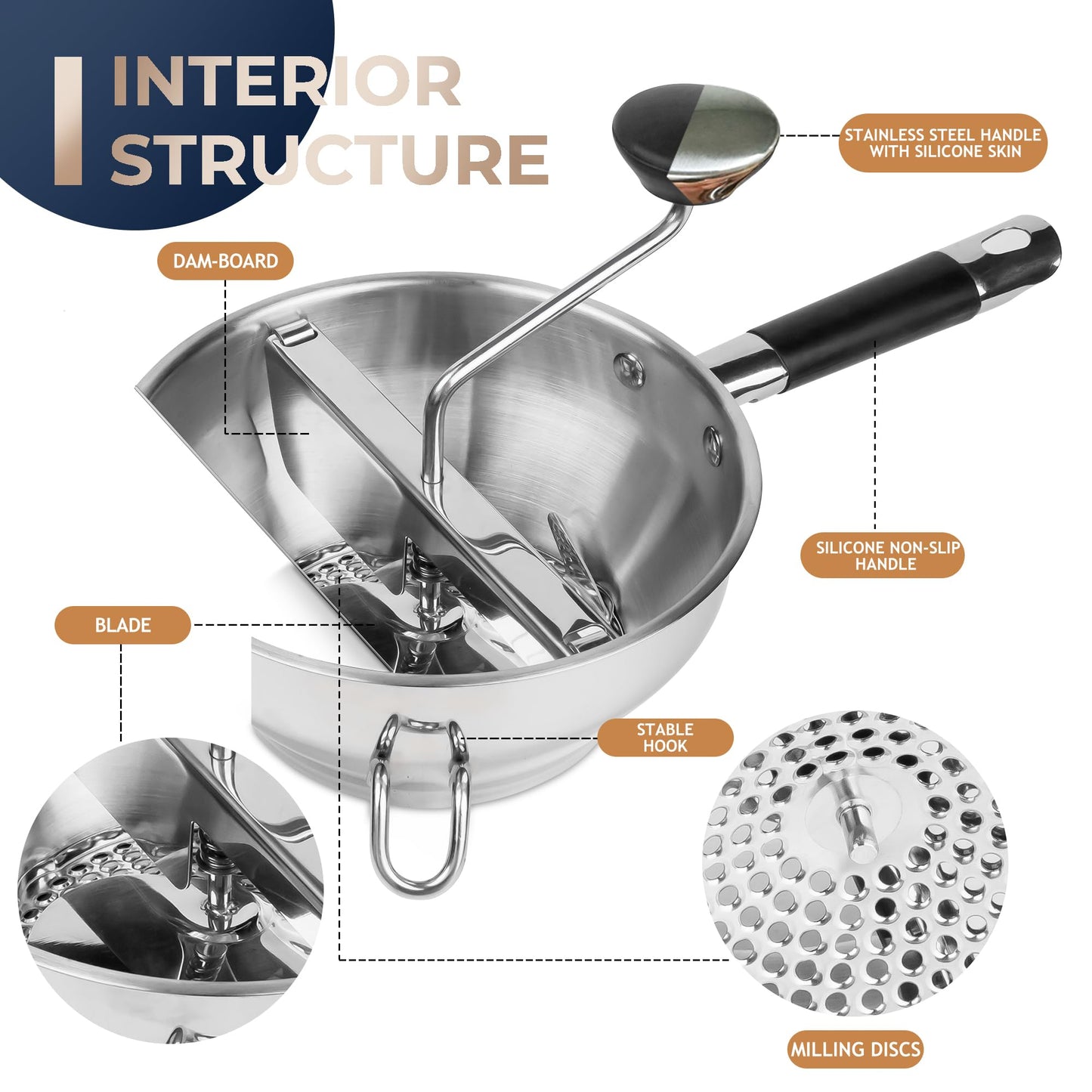 Stainless Steel Food Mills With 3 Milling Discs,Ergonomic design Of Rotary Food Mills For Tomato Sauce,Potatoes,Jams with Silicone Handle Dishwasher Safe, Multifunctional Spoon,Orange
