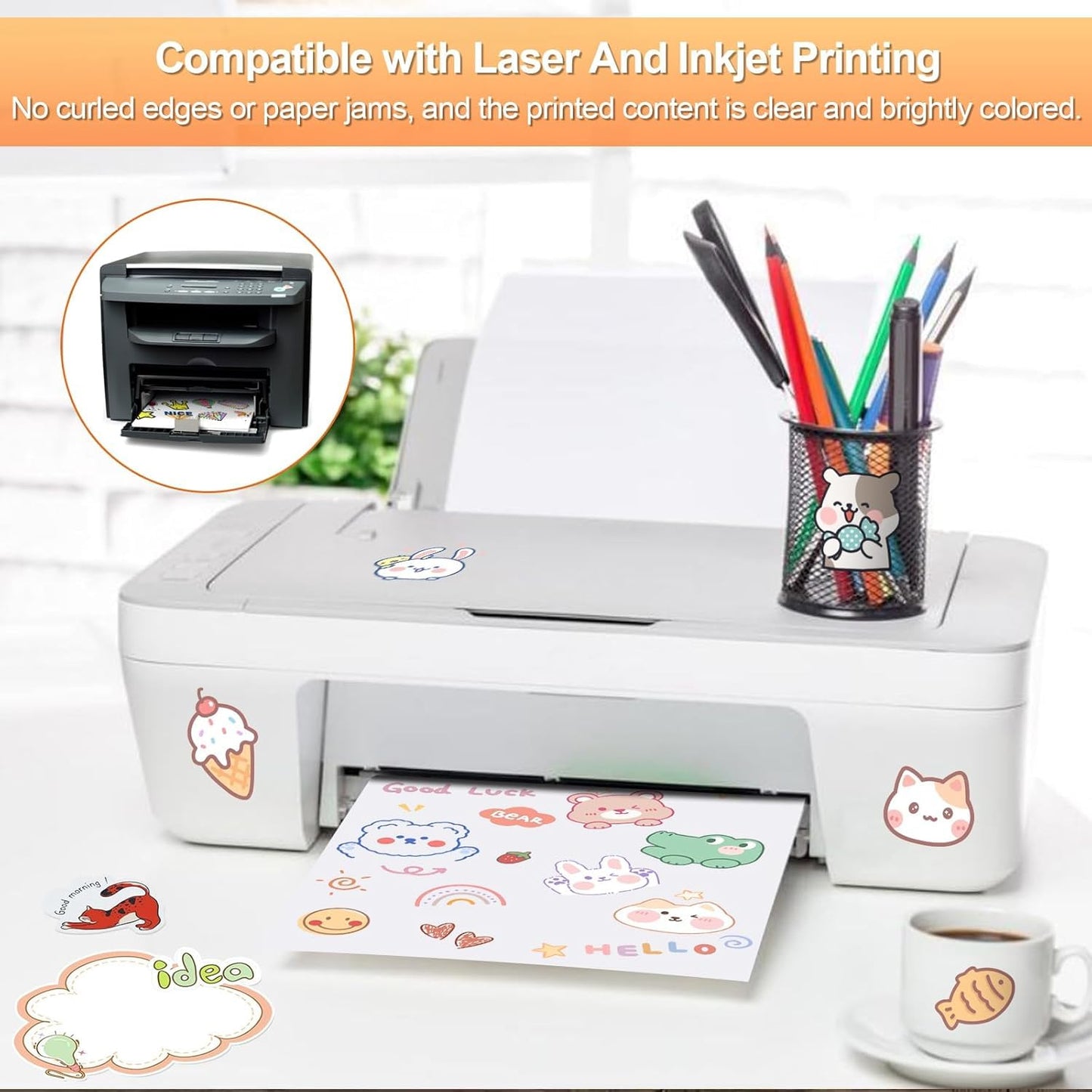 Printable Sticker Paper for Inkjet Printer, 300 Sheets 8.5" x11'' Matte Sticker Printer Paper Full Sheet Labels for Laser/Inkjet Printers, Letter Size