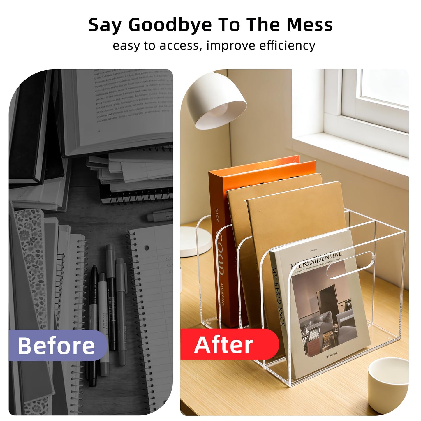 AIDIMOO 4 Vertical Compartments Clear Acrylic Magazine & File Holder – Multipurpose Desk Organizer for Office, Tablets, Magazines, Books – Documents/Home/Classroom Rack