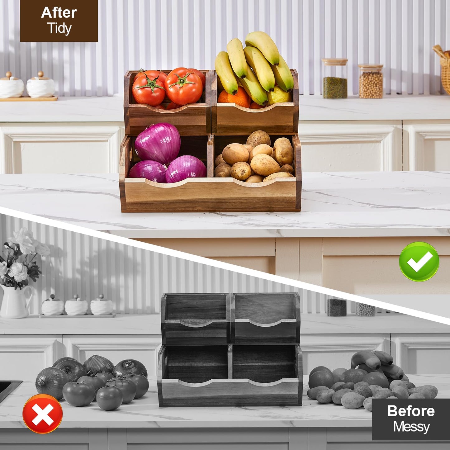 ICOHOT Acacia Wood Pantry Storage Bins, Stackable Storage Baskets Potato and Onion Storage Bins, Pantry Organizer Wooden Baskets Organization and Storage, Set 3 Pieces