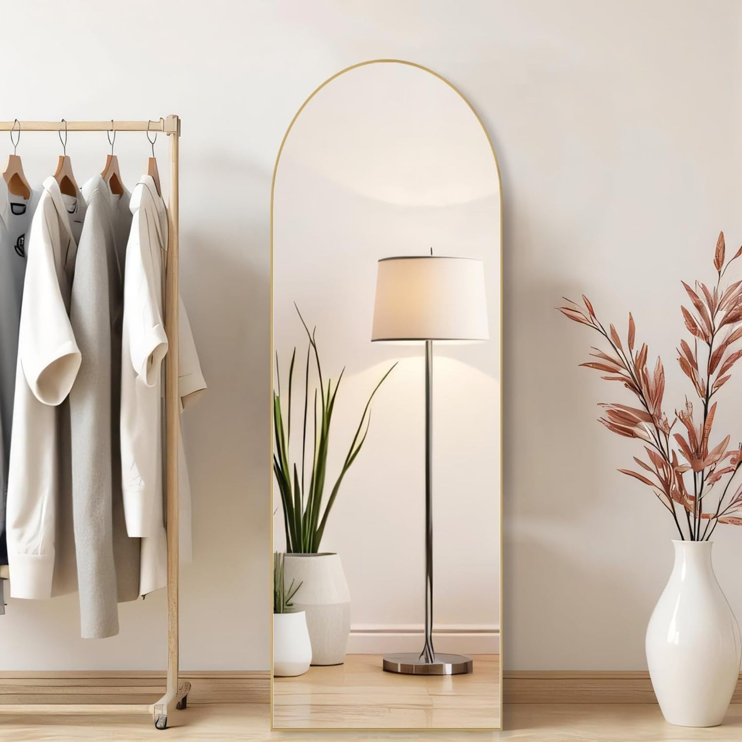 Aidoly Arched Mirror Full Length, Upgraded 16"x59" Body Wall Mirrors with Shatter-Proof Glass, Floor Standing, Hanging or Leaning, Tall Arch Mirror with Stand Aluminum Alloy Frame for Bedroom, Gold