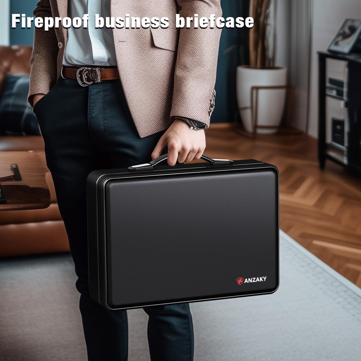 ANZAKY Fireproof Document Box with Fireproof Zipper, Hard Inner Shell Fireproof Document Bag with Lock, Fireproof Water Resistant Important Document Organizer 16 inch Laptop File Briefcase (Black)