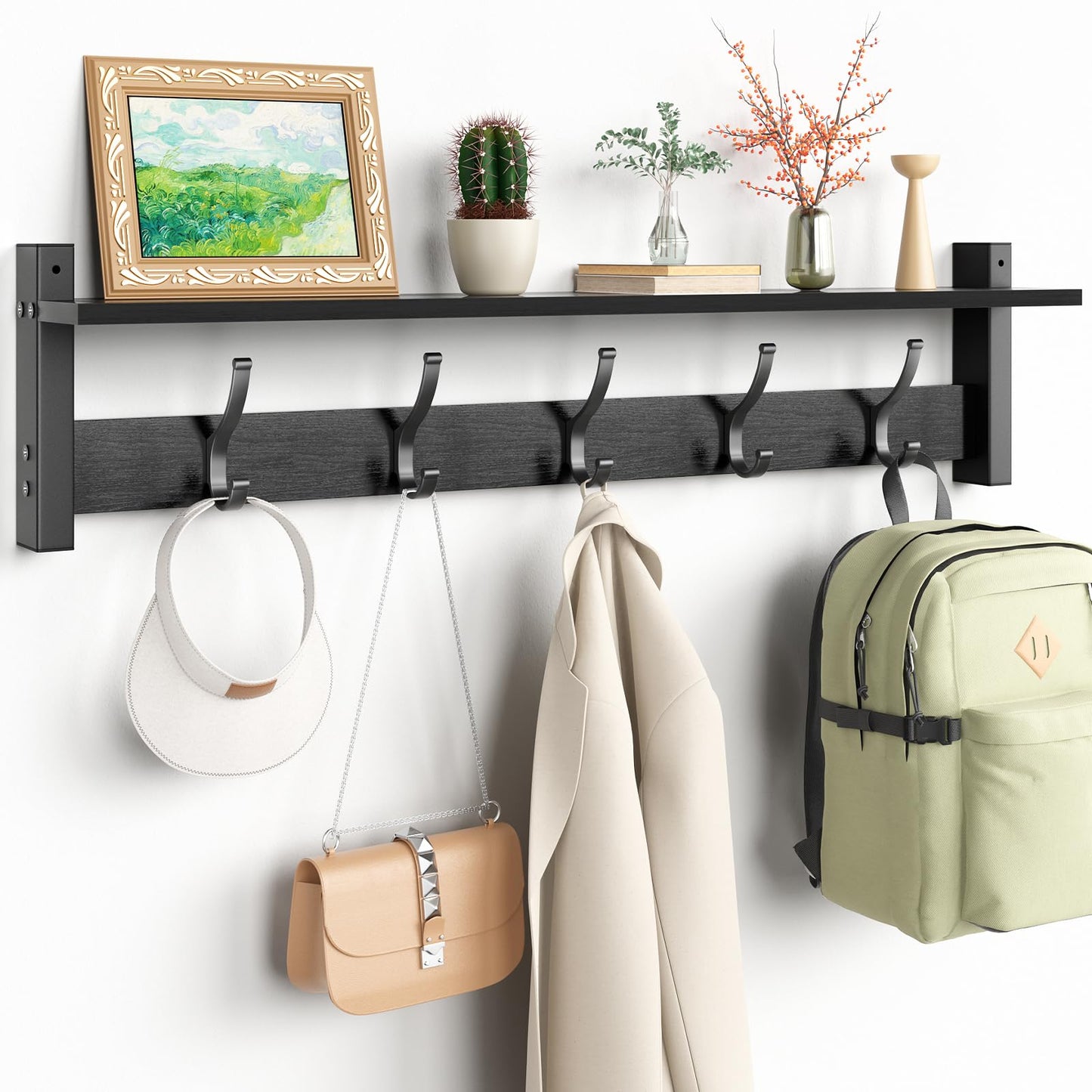 Optish Coat Rack Wall Mount with Shelf, 29 Inch Coat Hanger Walls Mounted, Hat Rack for Walls, Shelf with 5 Coat Hooks, Wall Hanger for Entryway (Black)