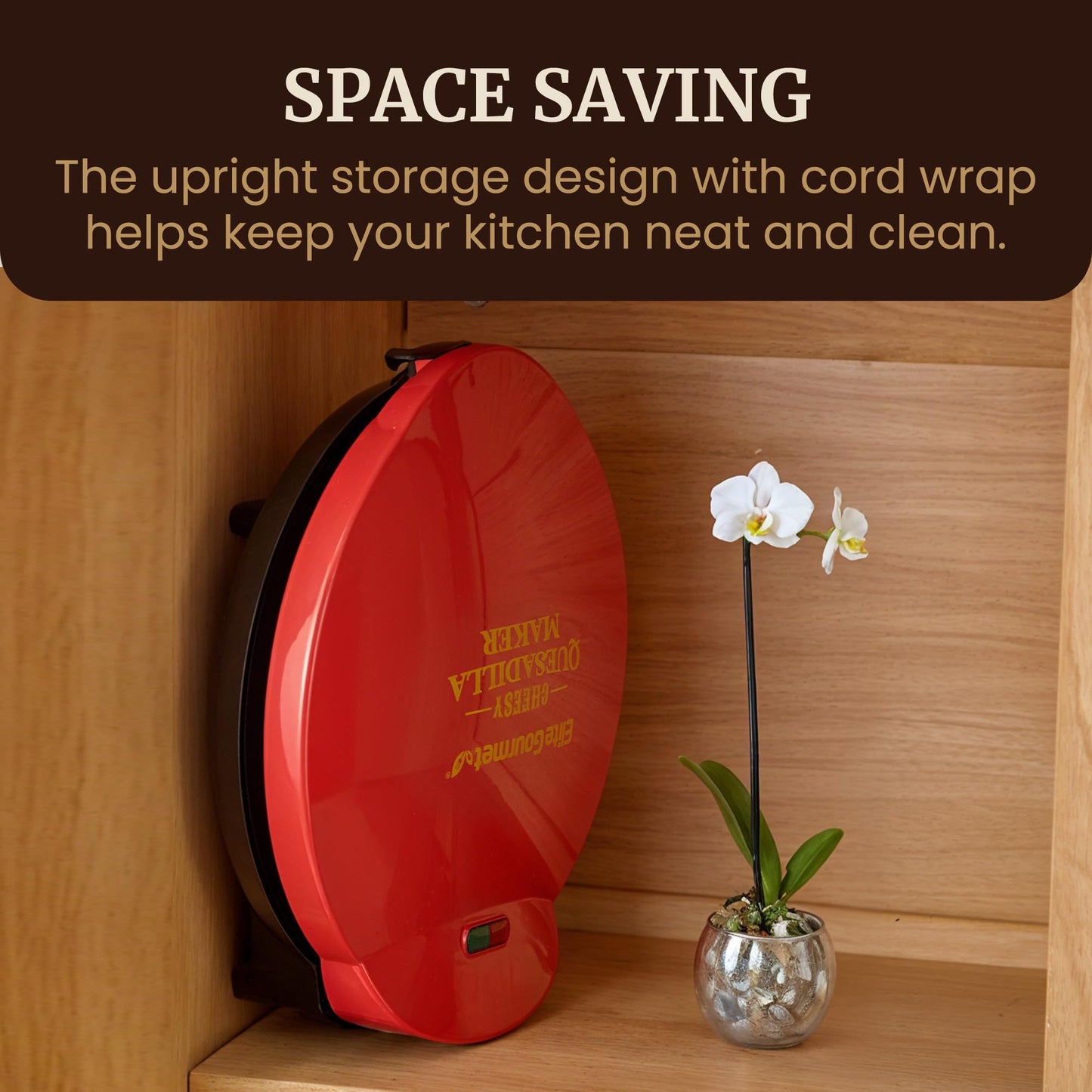 Elite Gourmet 11" Cheesy Quesadilla Maker, 2-Position Locking Latch For Extra Stuffing, Easy-Slice 6-Wedge, Red