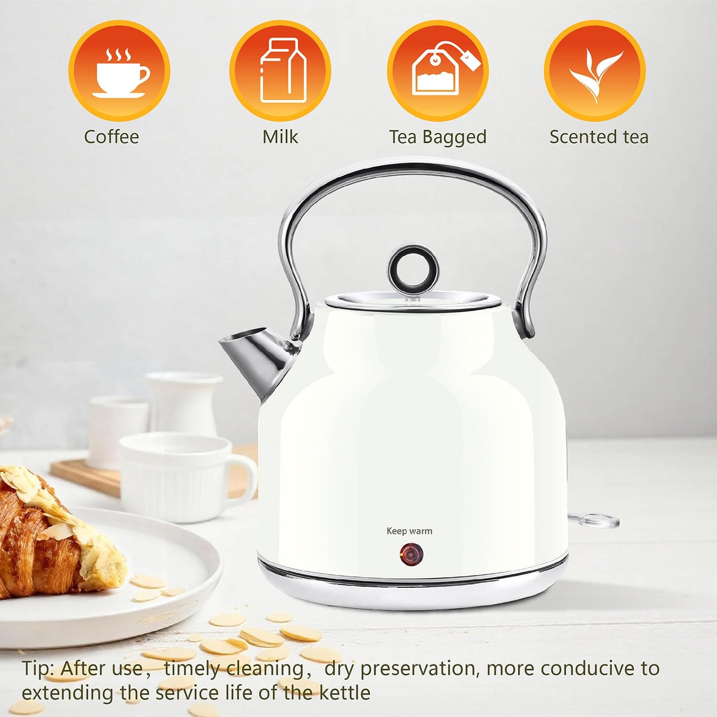 Seydere Electric Kettle – 1.7L Stainless Steel Kettle with Keep Warm Function, 1500W Fast Boil Kettle with LED Indicator, Auto Shut-off & Boil-Dry Protection Cordless Design, Rotational Base (White)
