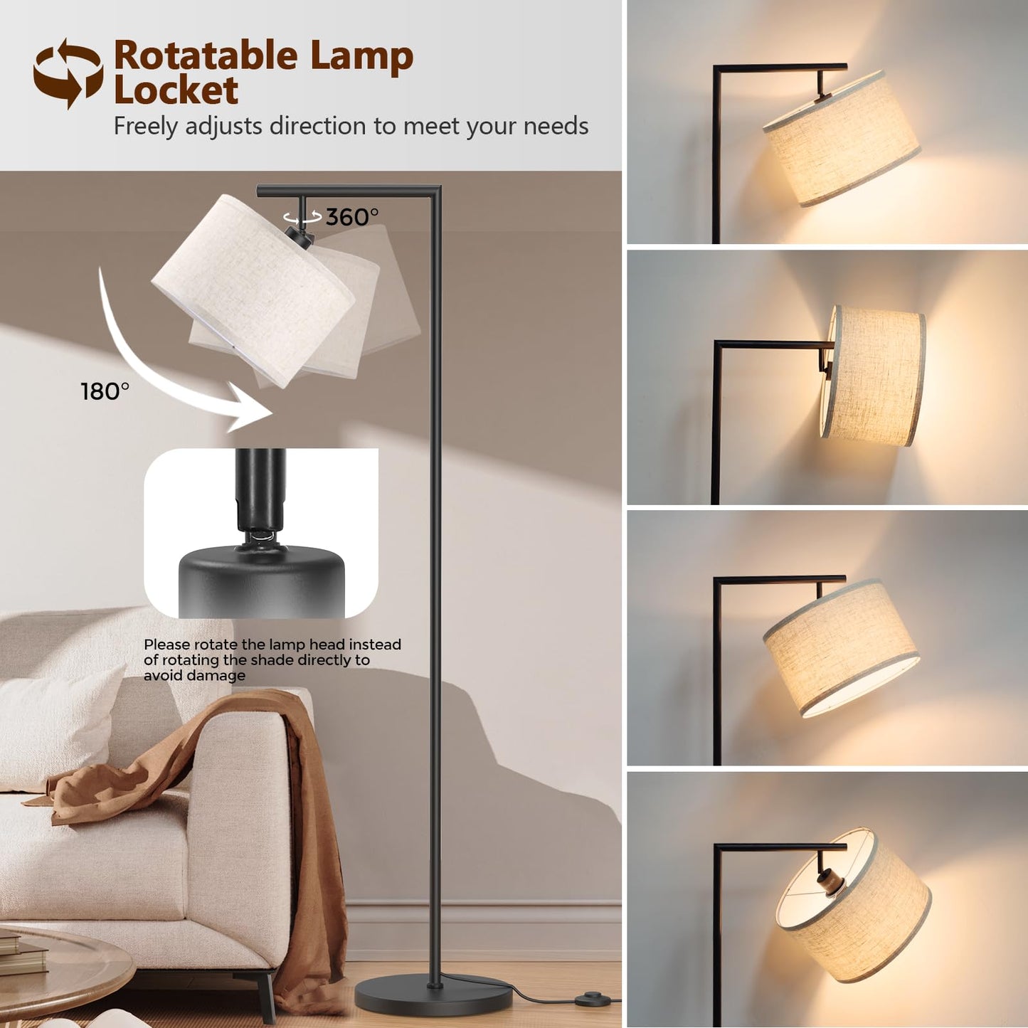 CNXIN Floor Lamps with Remote Control and Stepless Dimmable Color Temperature and Brightness Standing Lamp with Adjustable Beige Linen Lampshade Pole Lamp for Bedroom Office, 9W Bulb Included, Black
