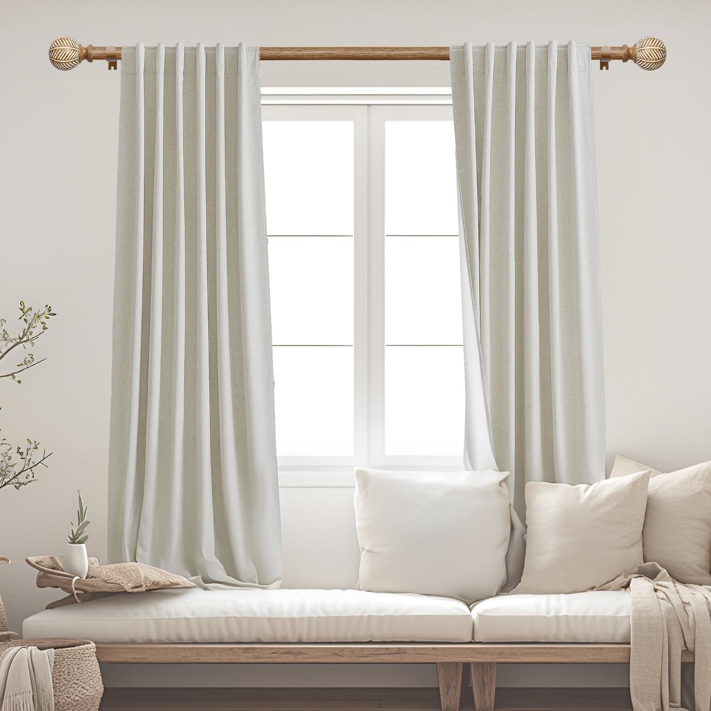 Wood Curtain Rods for Windows: 1 Inch Diameter Adjustable Drapery Rods 48" to 86", 2 Pack Heavy Duty Window Rod with Imitation Wood Grain Leaf Pattern Finials