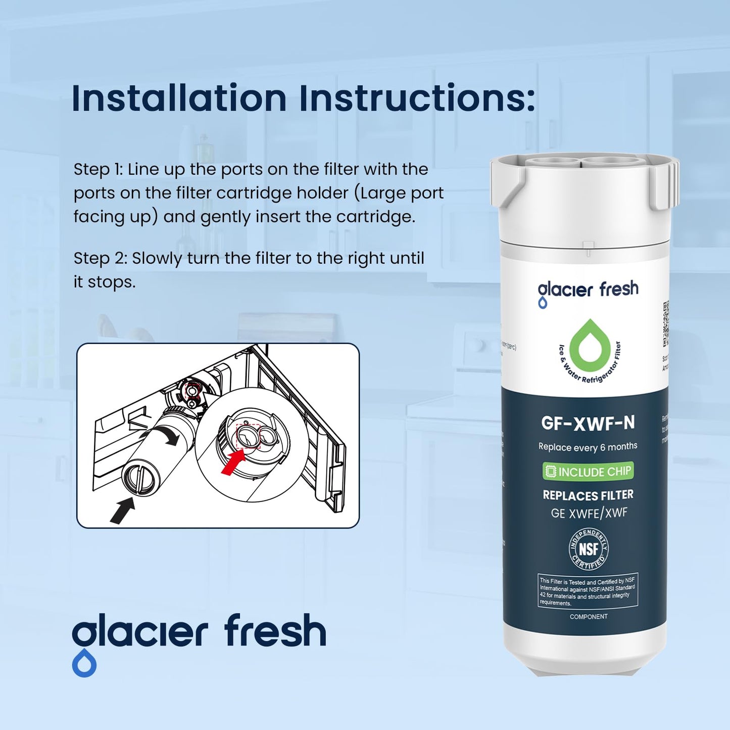 GLACIER FRESH Water Filter Compatible with XWFE (Built-in CHIP), Replacement for GE XWFE, XWF Refrigerator Water Filter NSF/ANSI 42 Certification Pack of 1