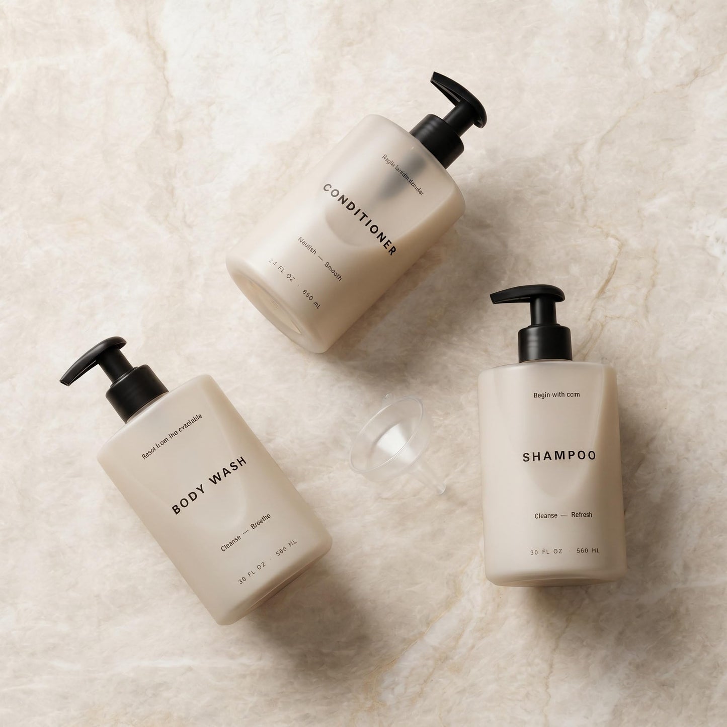 Stylish Shampoo and Conditioner Dispenser Set of 3 - Modern 20oz Shower Soap Bottles with Pump and Labels - Easy to Refill Body Wash Dispensers for an Instant Bathroom Decor Upgrade