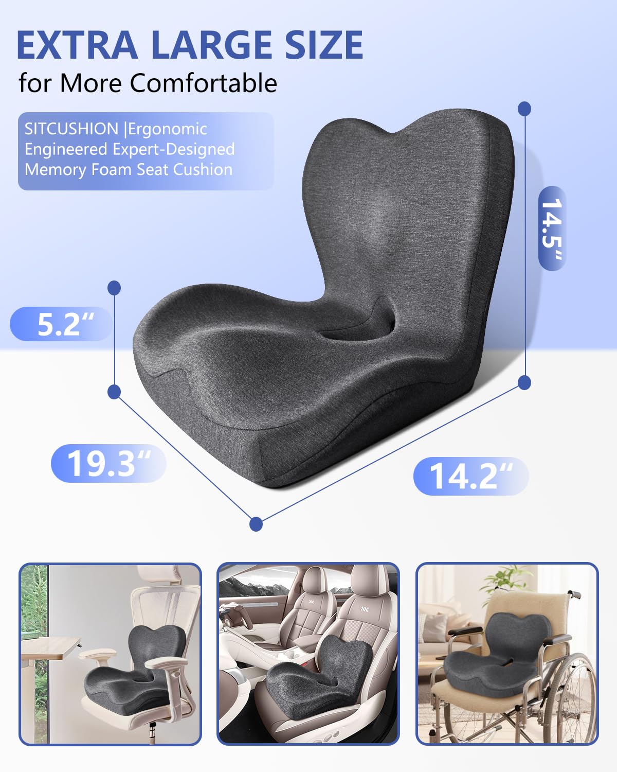 JIPORIER Seat Cushion with Back Support,Lumbar Support Pillow for Office Chair,X Large Memory Foam Chair Cushions for Sciatica Tailbone Pain Relief Coccyx Pad for Wheelchair, Car, Home, Office, Desk